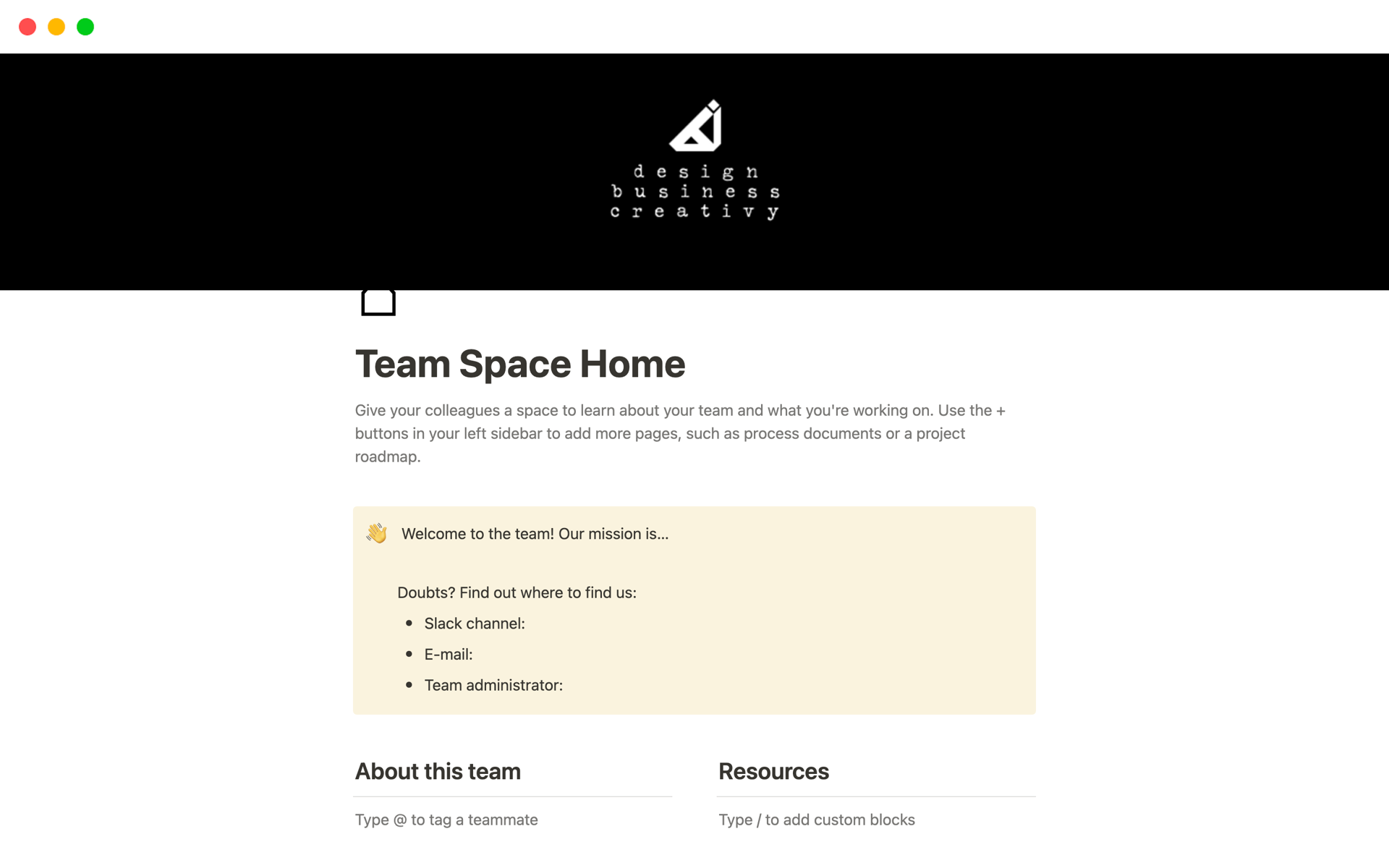 En förhandsgranskning av mallen för Team Space Home