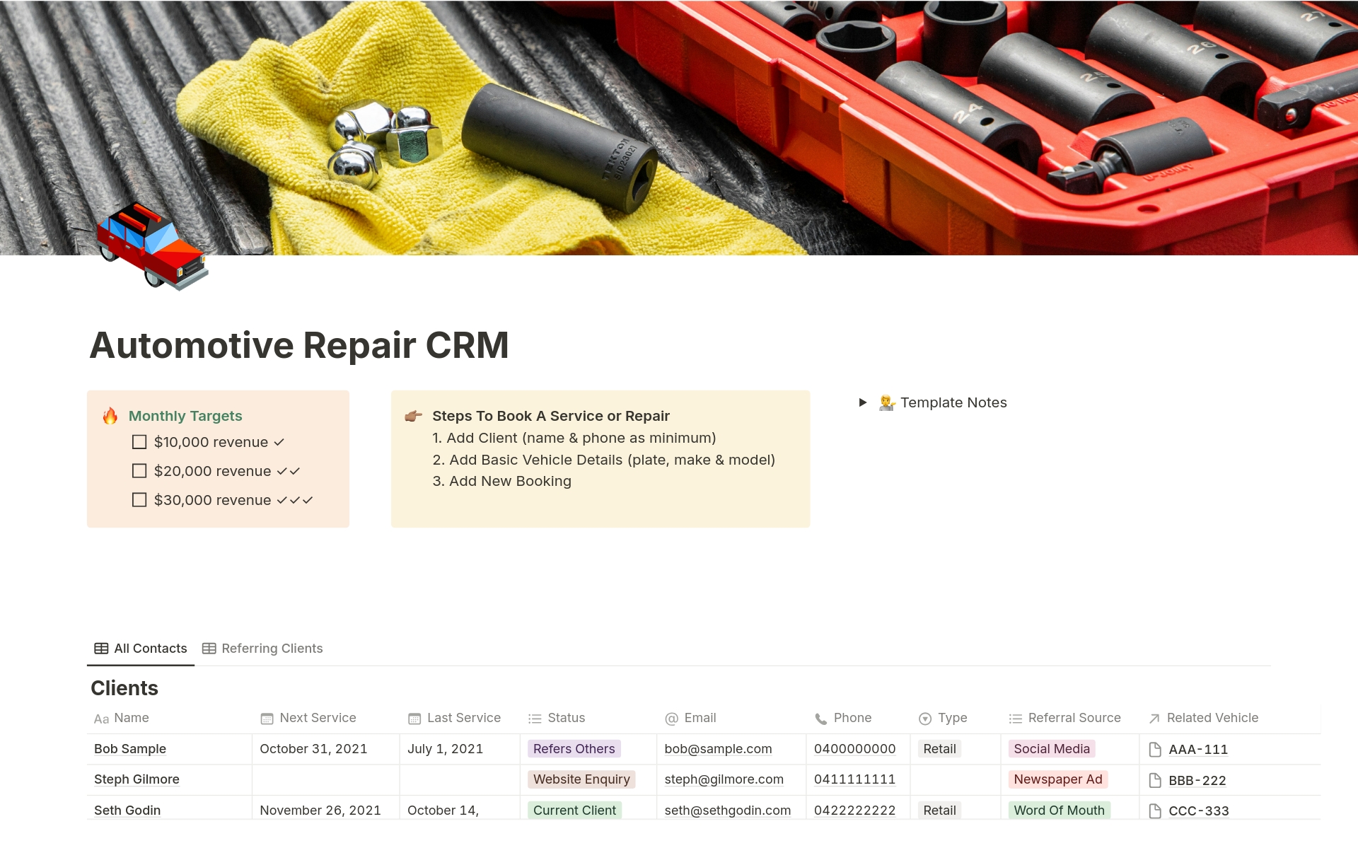 En forhåndsvisning av mal for Automotive Repair CRM