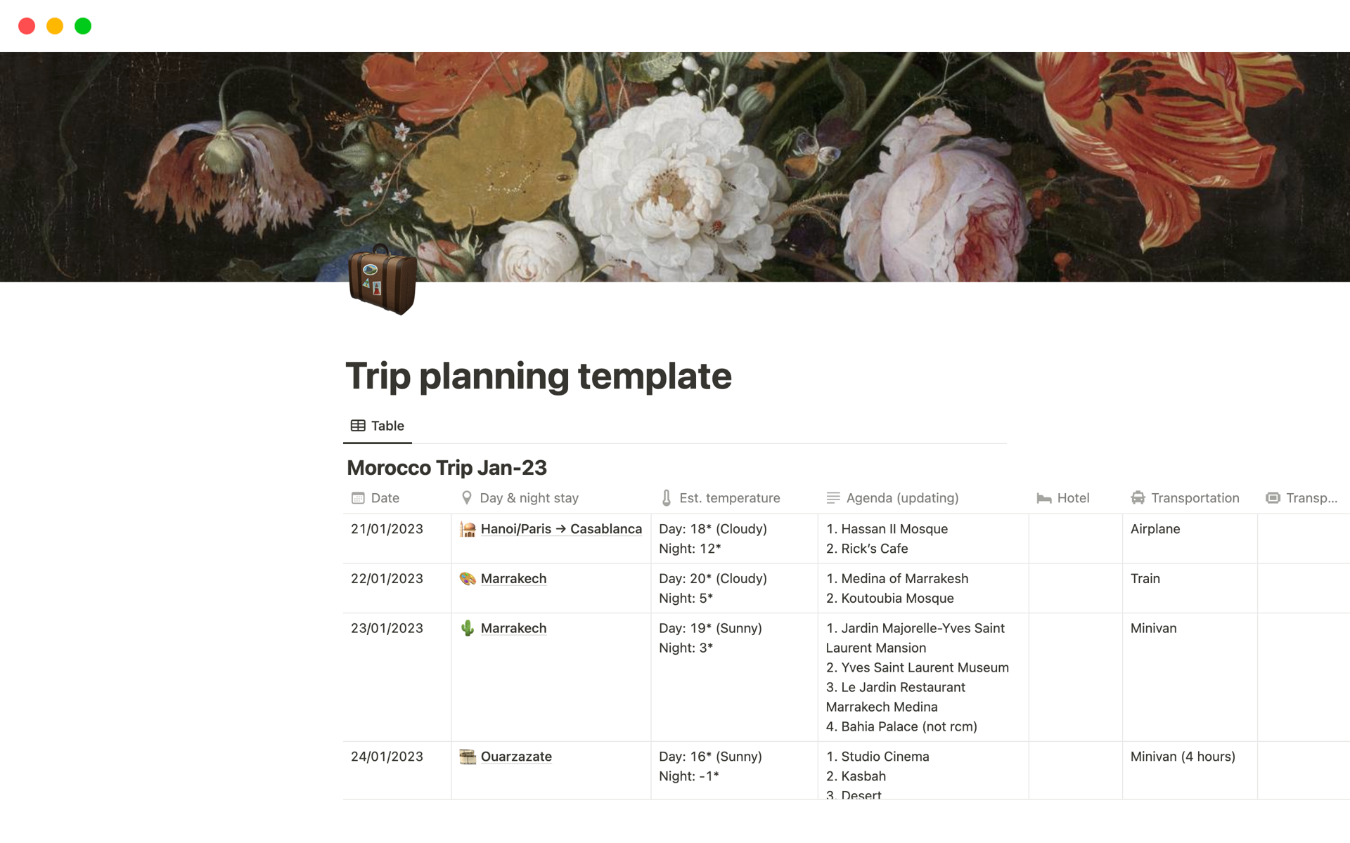 A template preview for Trip planning