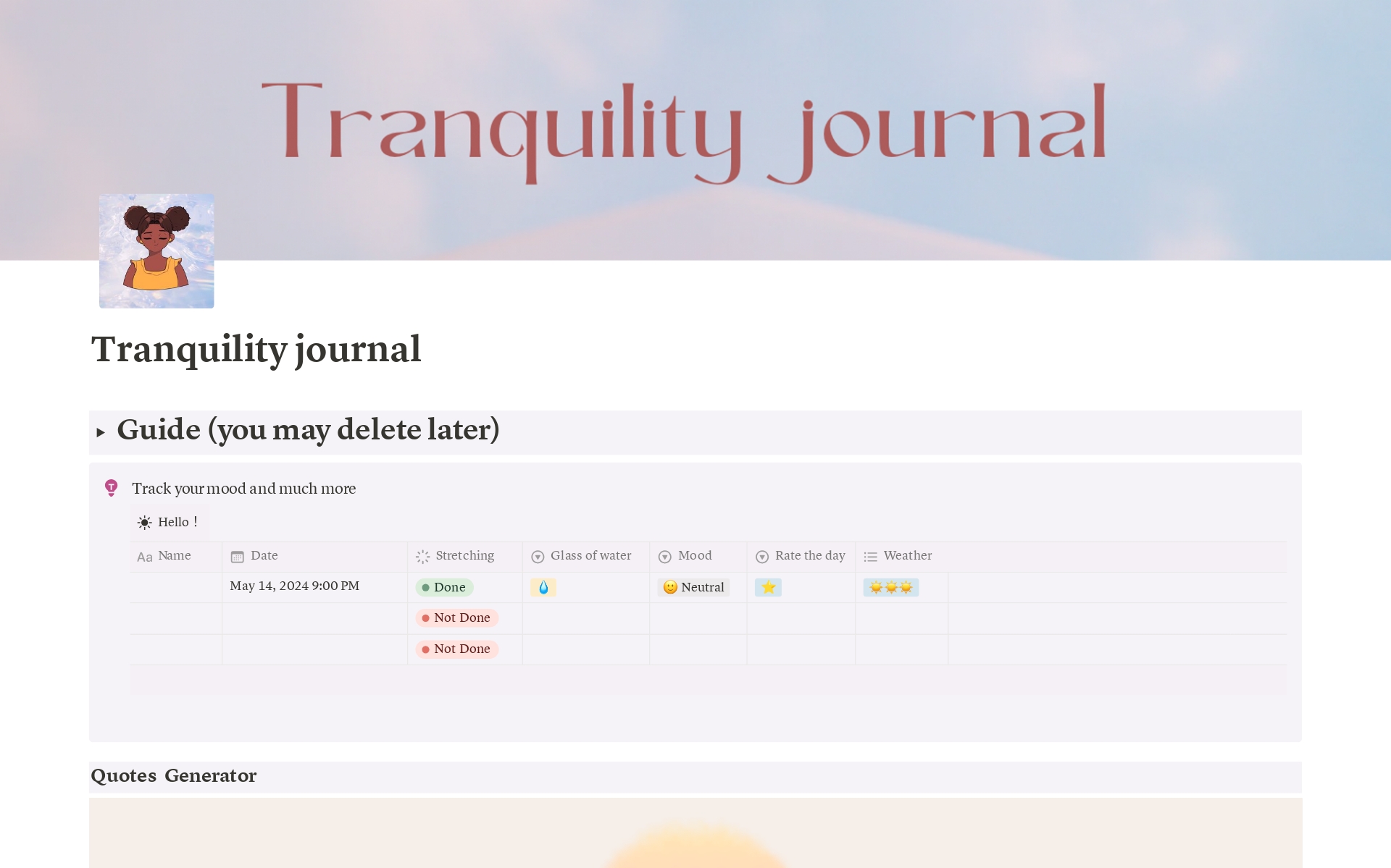 1-The journal is divided into several sections

﻿﻿Mood tracker

﻿﻿Quotes generator

﻿﻿Prompts journal

﻿﻿Clock

﻿﻿Calendar

﻿﻿Sticky notes