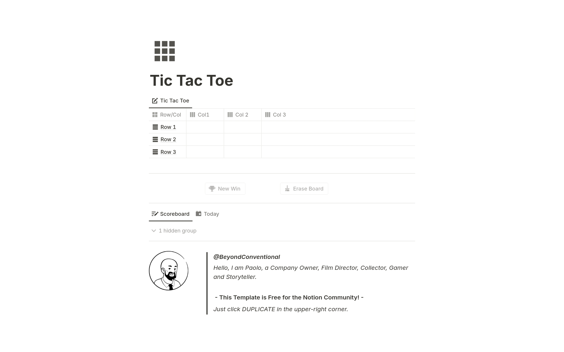 En förhandsgranskning av mallen för Tic Tac Toe