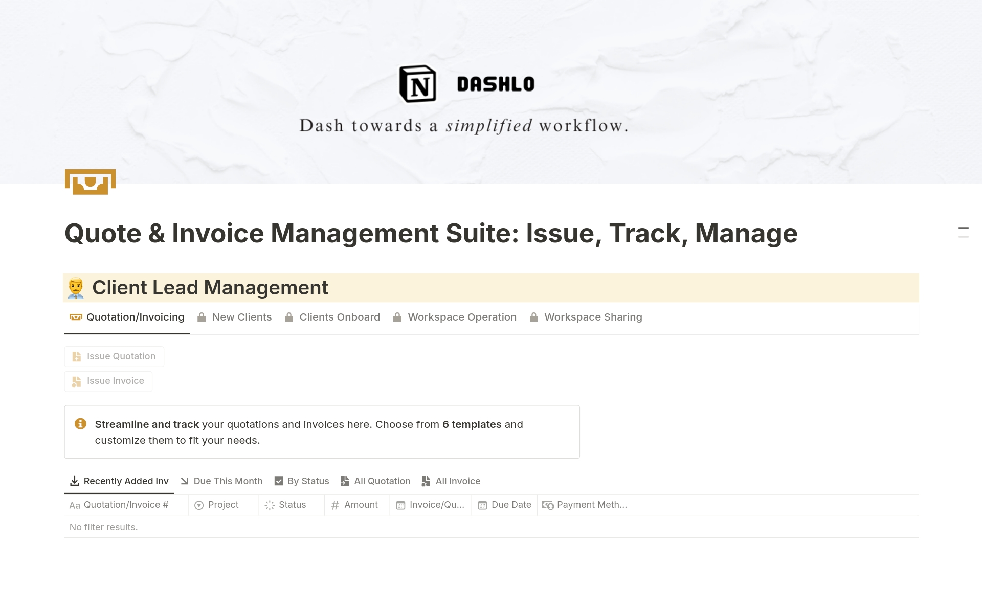En förhandsgranskning av mallen för Quote & Invoice Management Suite