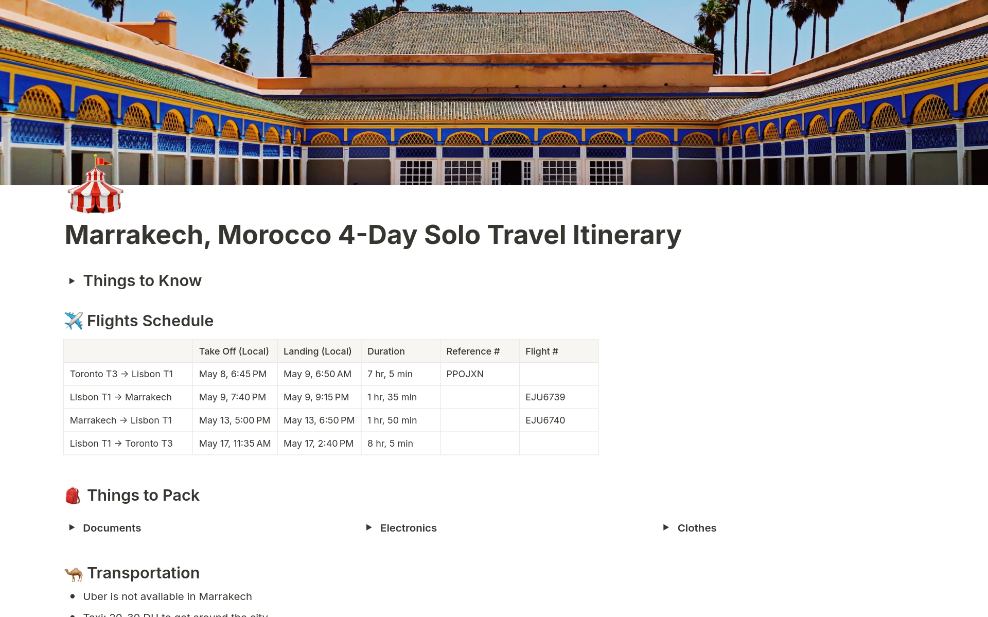 En förhandsgranskning av mallen för Marrakech, Morocco 4-Day Travel Itinerary Planner