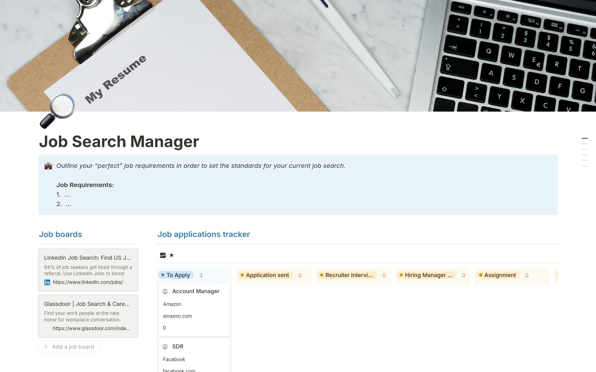 Eine Vorlagenvorschau für Job Search Manager