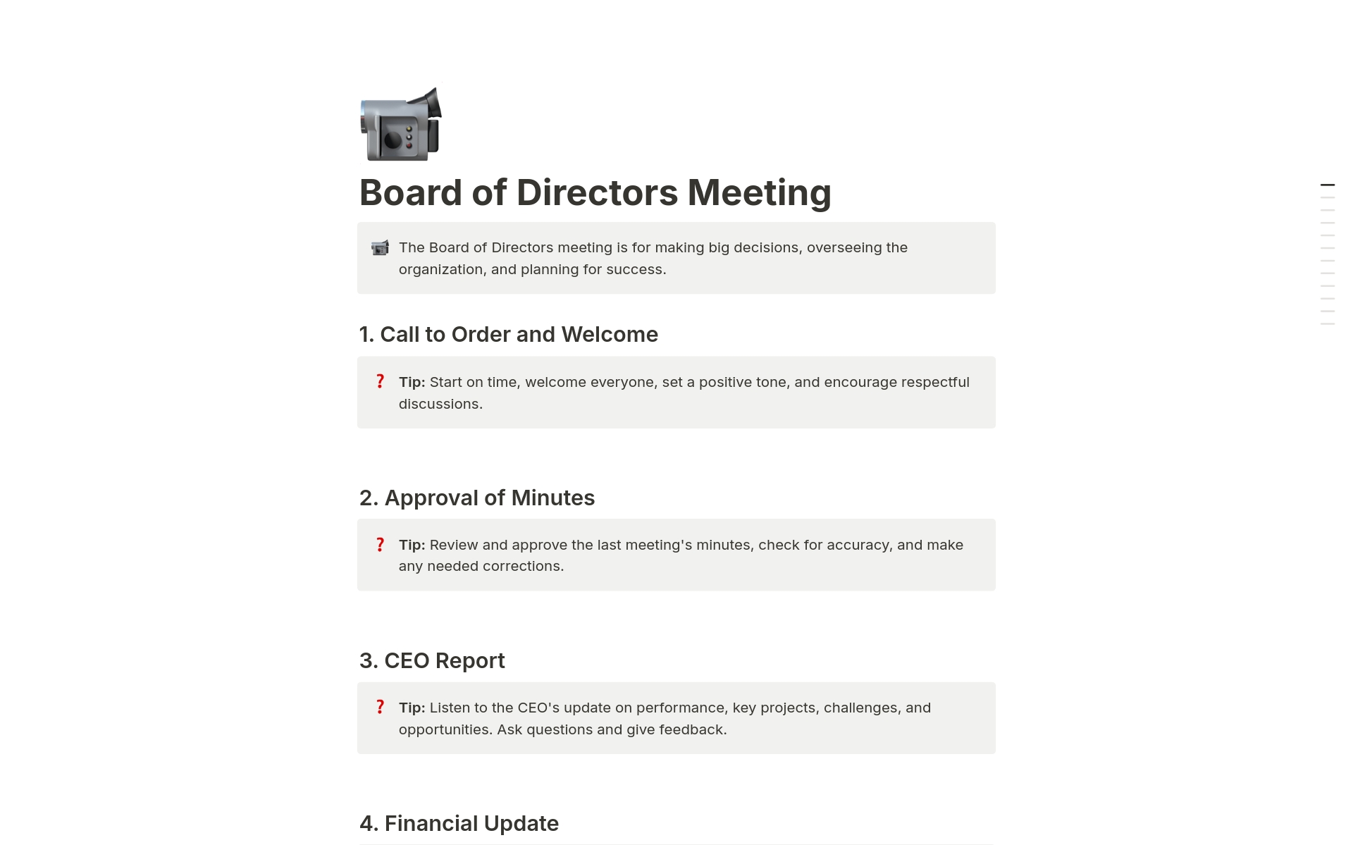 The Board of Directors meeting is for making big decisions, overseeing the organization, and planning for success.