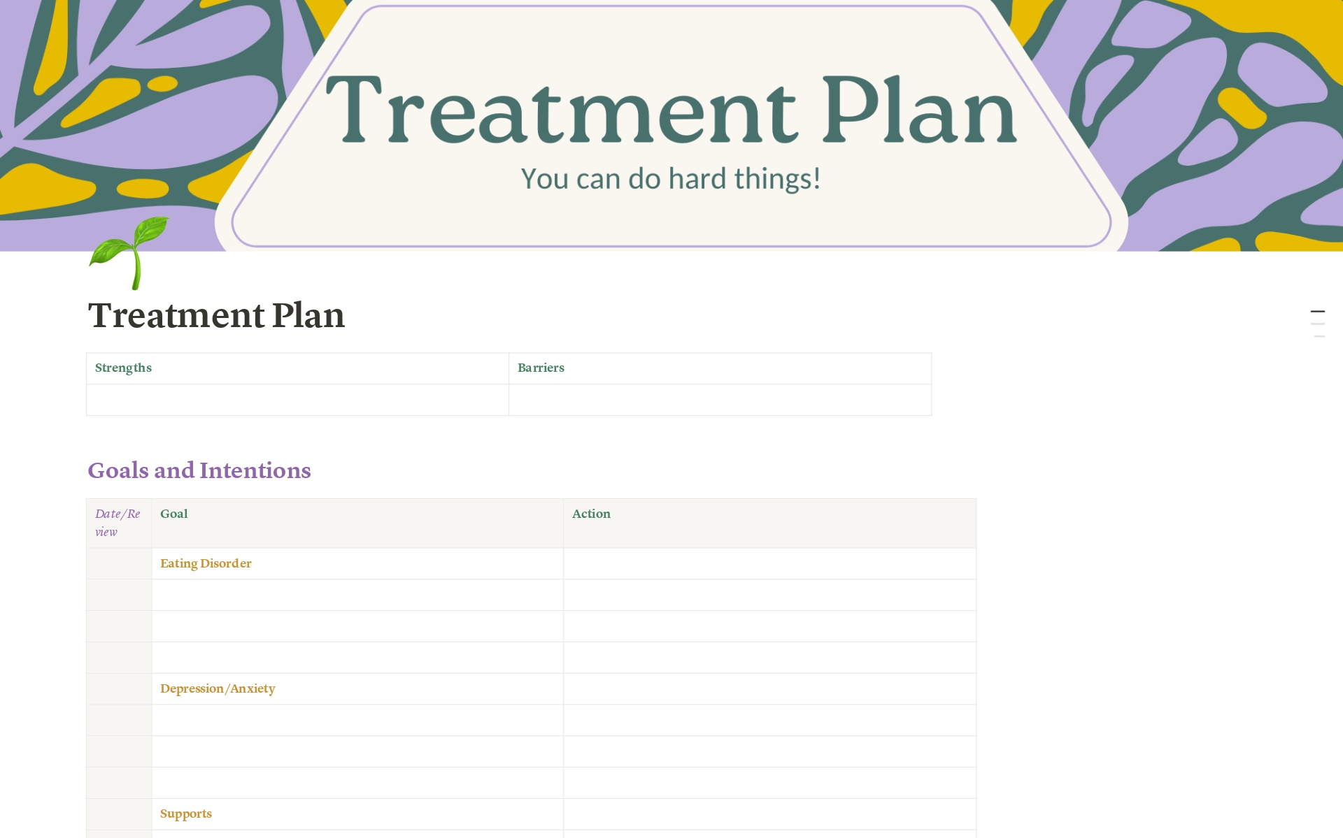 A template preview for Treatment Plan