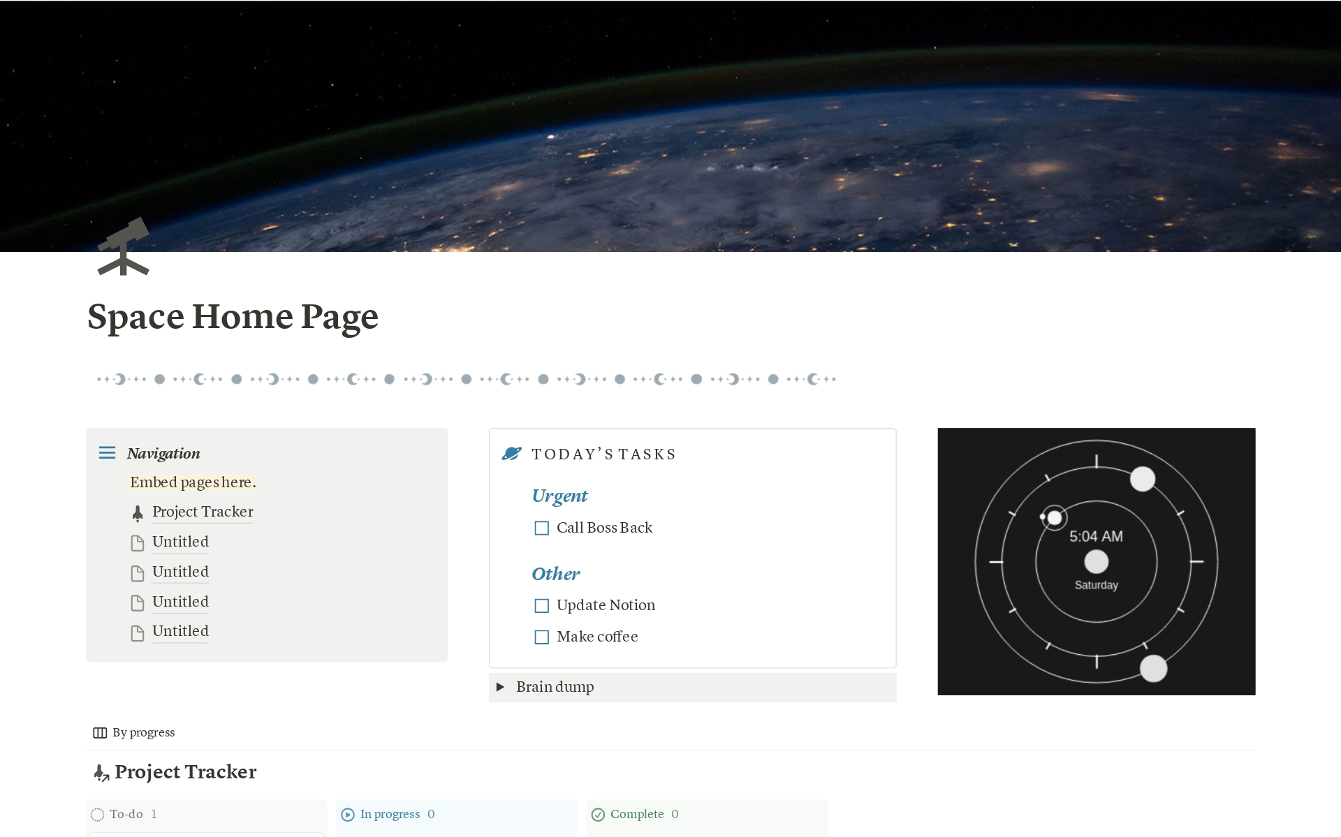 Eine Vorlagenvorschau für Space Home Page