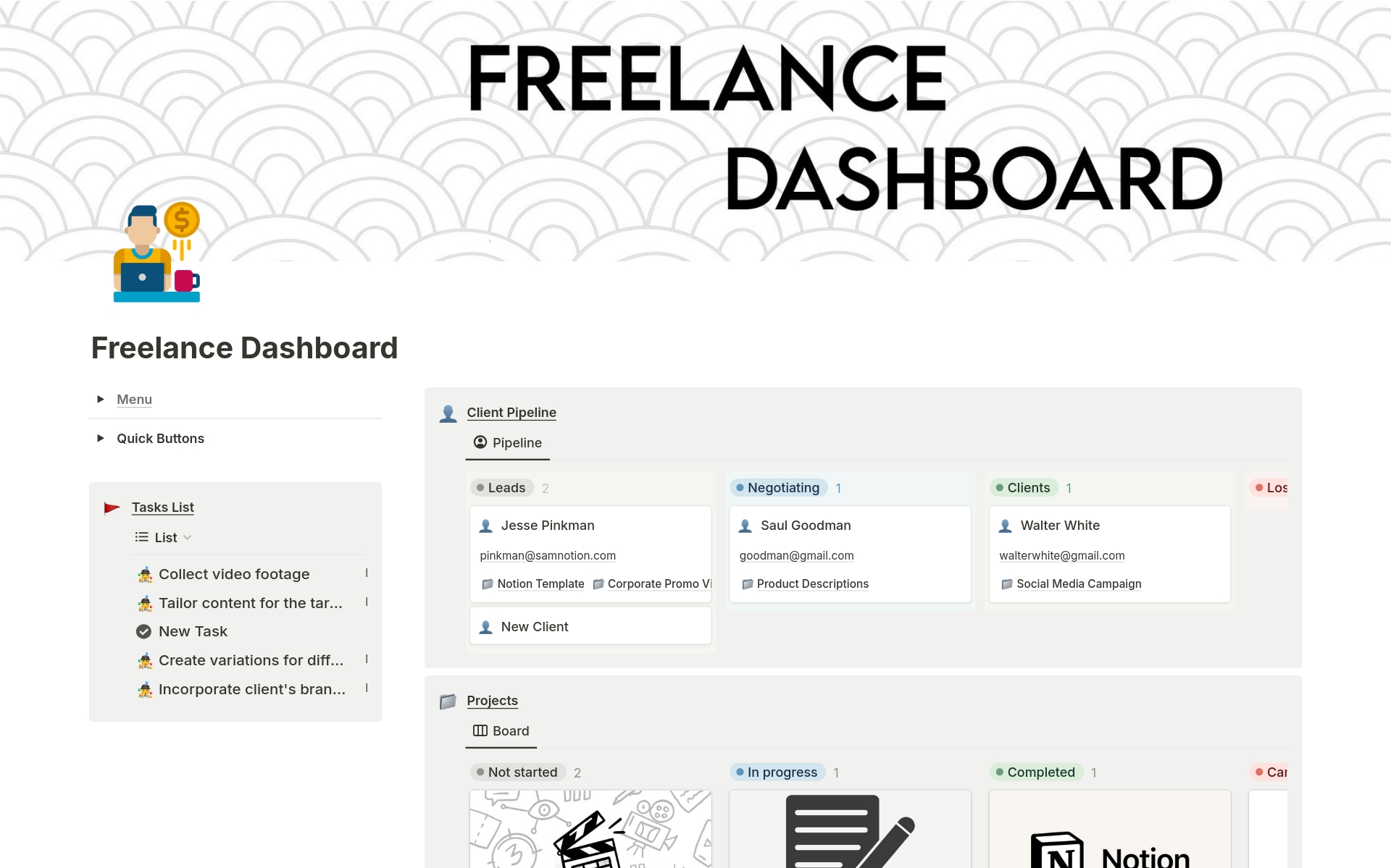 En förhandsgranskning av mallen för All-in-one Freelance Dashboard