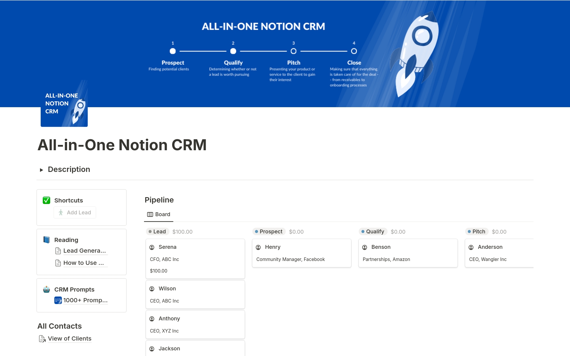 🤝 Supercharge Your CRM Efforts with Our "All-in-One Notion CRM" Template! 🚀

The "All-in-One Notion CRM" template is a comprehensive and versatile resource designed to streamline and enhance your customer relationship management efforts.