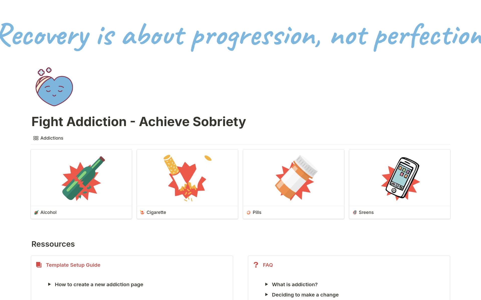 Fight Addiction - Achieve Sobriety
Empower your sobriety journey with the all-in-one Notion template. Track progress, identify motivations, manage symptoms, and stay supported. Customize it to your needs and stay organized and motivated every step of the way.
