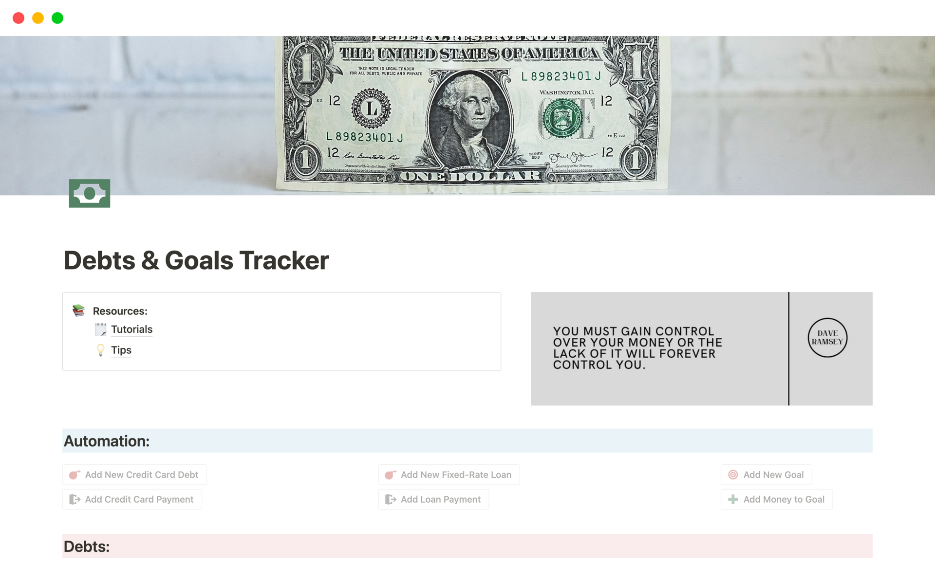 Vista previa de una plantilla para Debts & Goals Tracker 