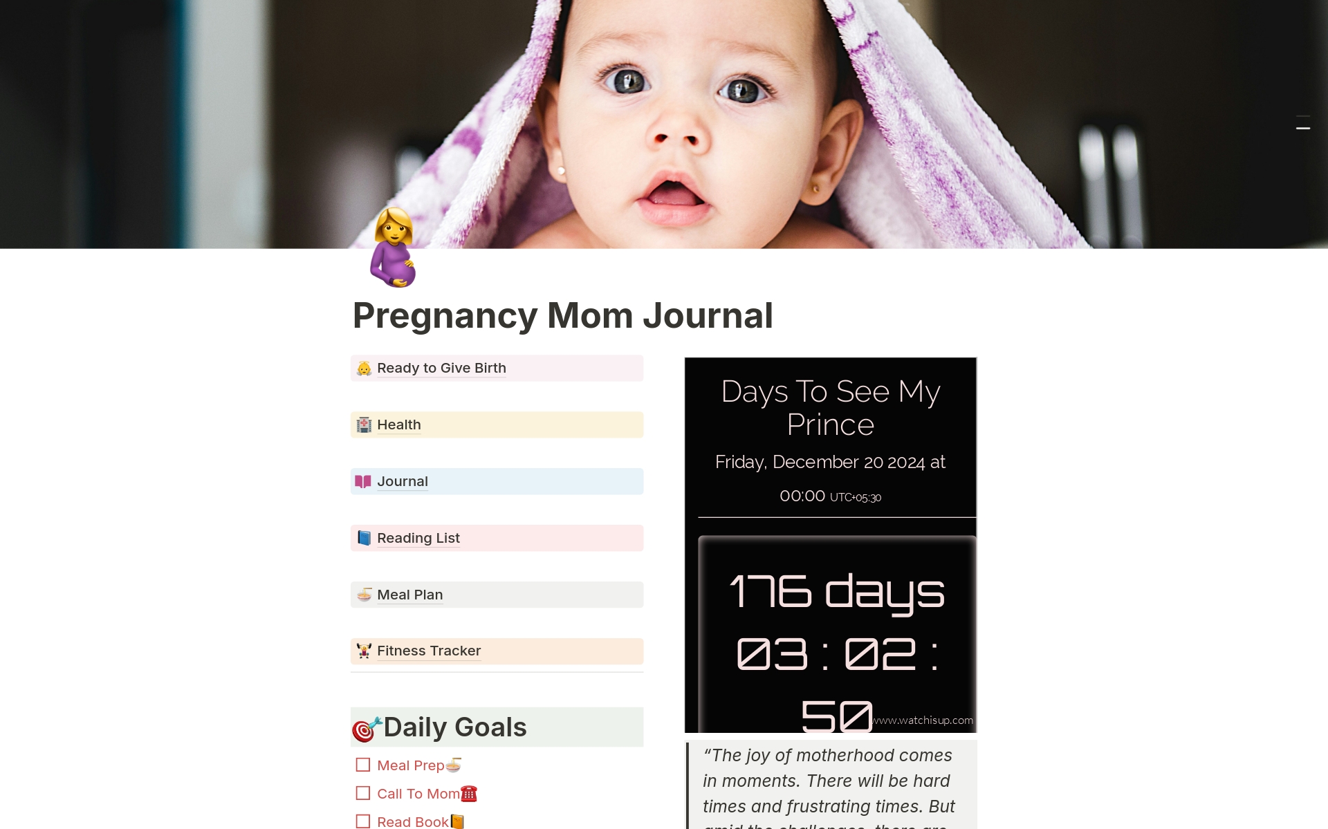 Our user-friendly Notion template for pregnant mothers offers comprehensive features such as health and fitness tracking, journaling, meal planning, and more to help you manage your pregnancy journey effectively. Stay organized and take control of your pregnancy with Notion.