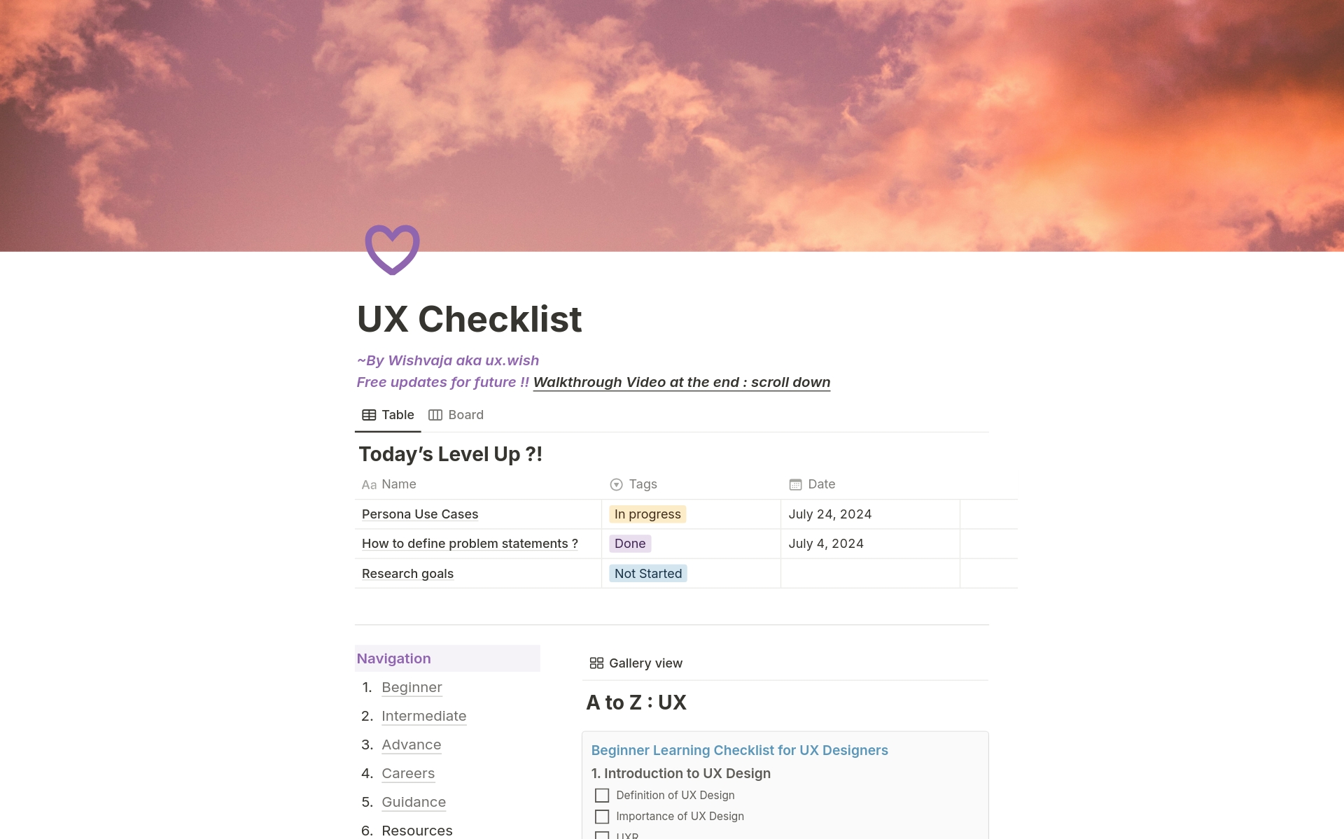 A template preview for UX Checklist