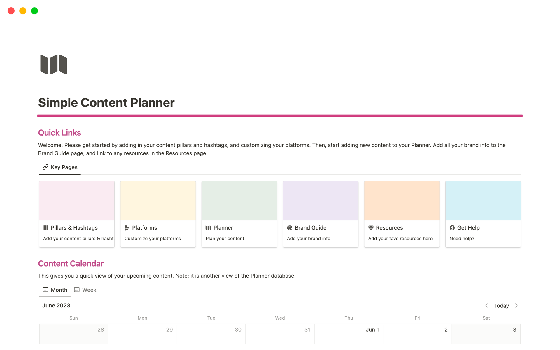 Aperçu du modèle de Simple Content Planner & Calendar