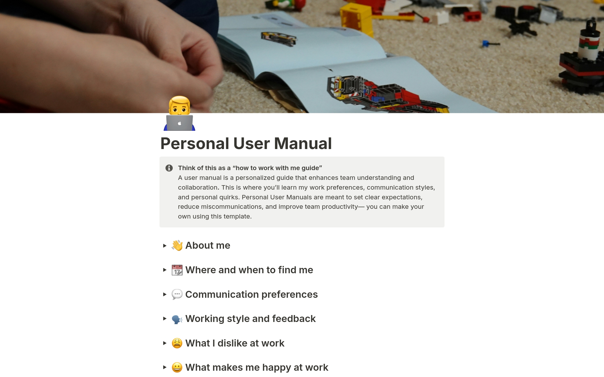 En forhåndsvisning av mal for Personal User Manual for Work