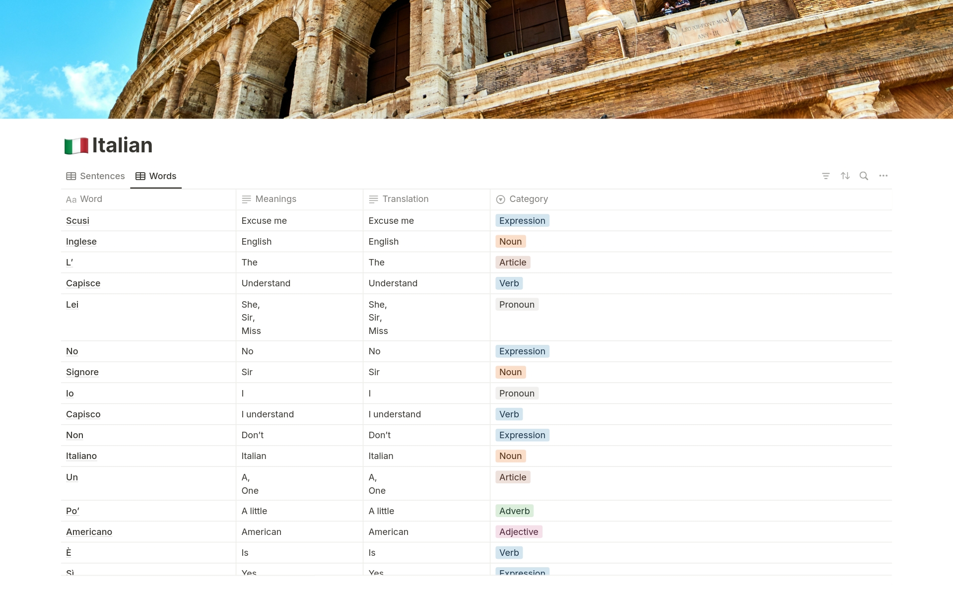 Explore the world of the Italian language in an organized and efficient way with our exclusive Notion template for Italian language learning! This vocabulary system is designed for those who want to master Italian in a systematic and interactive manner.