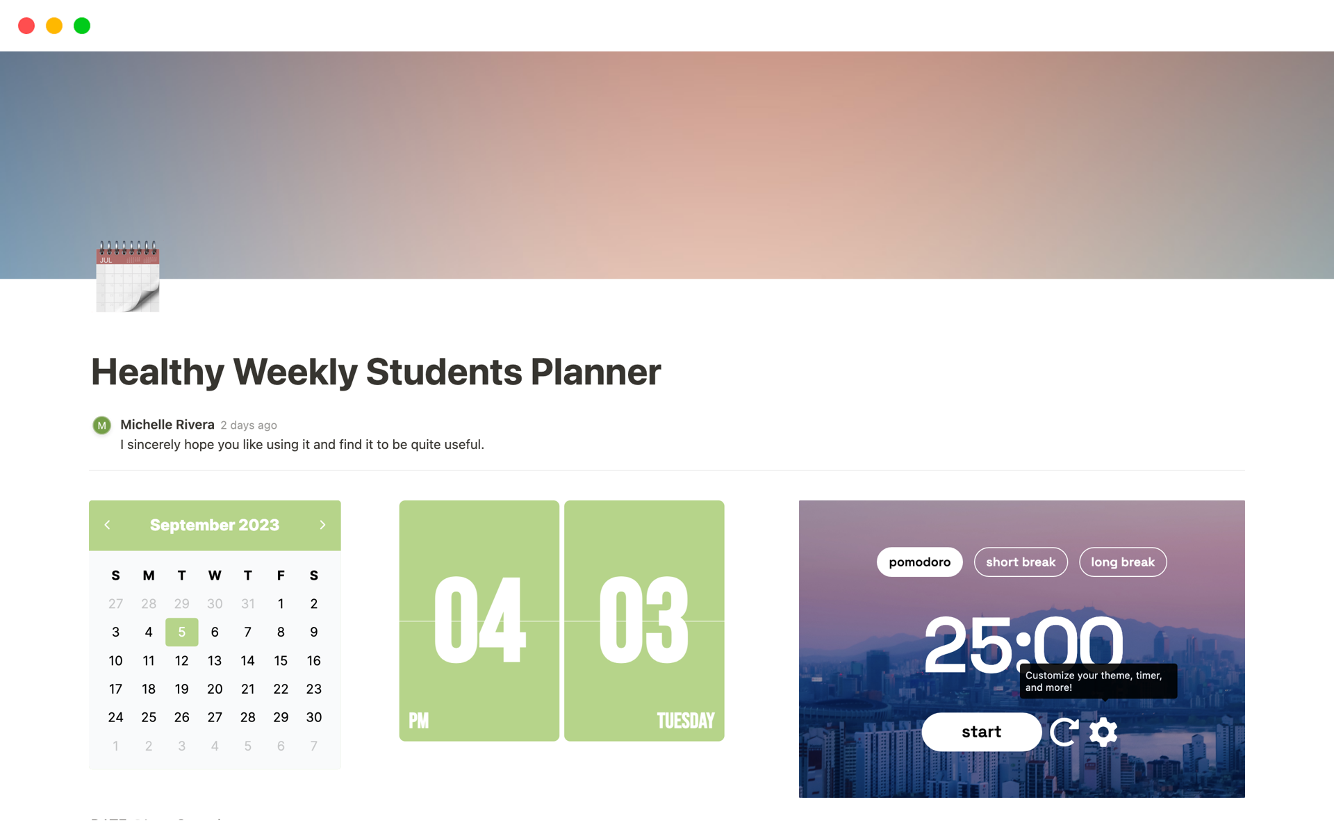 A template preview for Healthy Weekly Students Planner