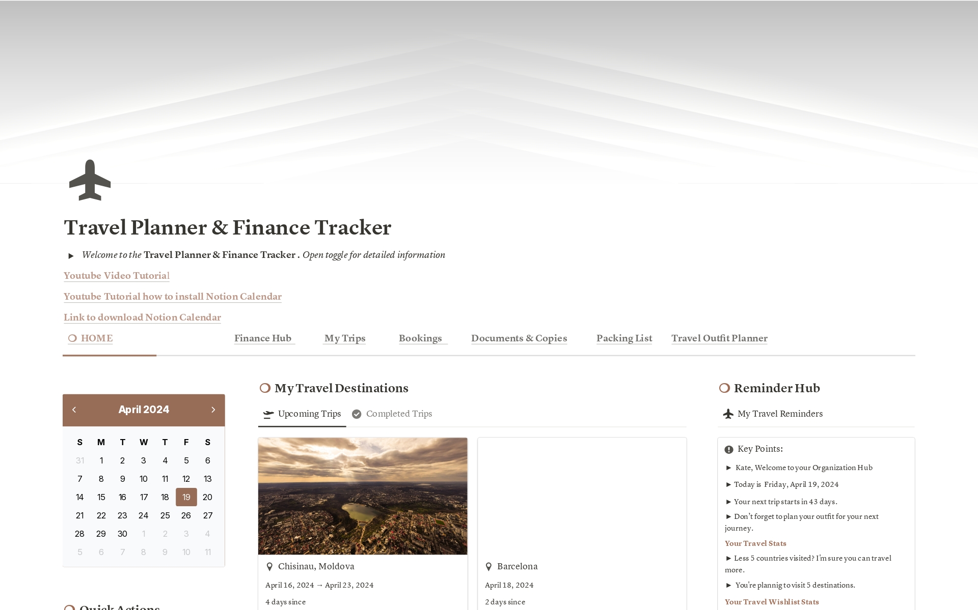 Vista previa de una plantilla para Travel Planner & Finance Tracker 