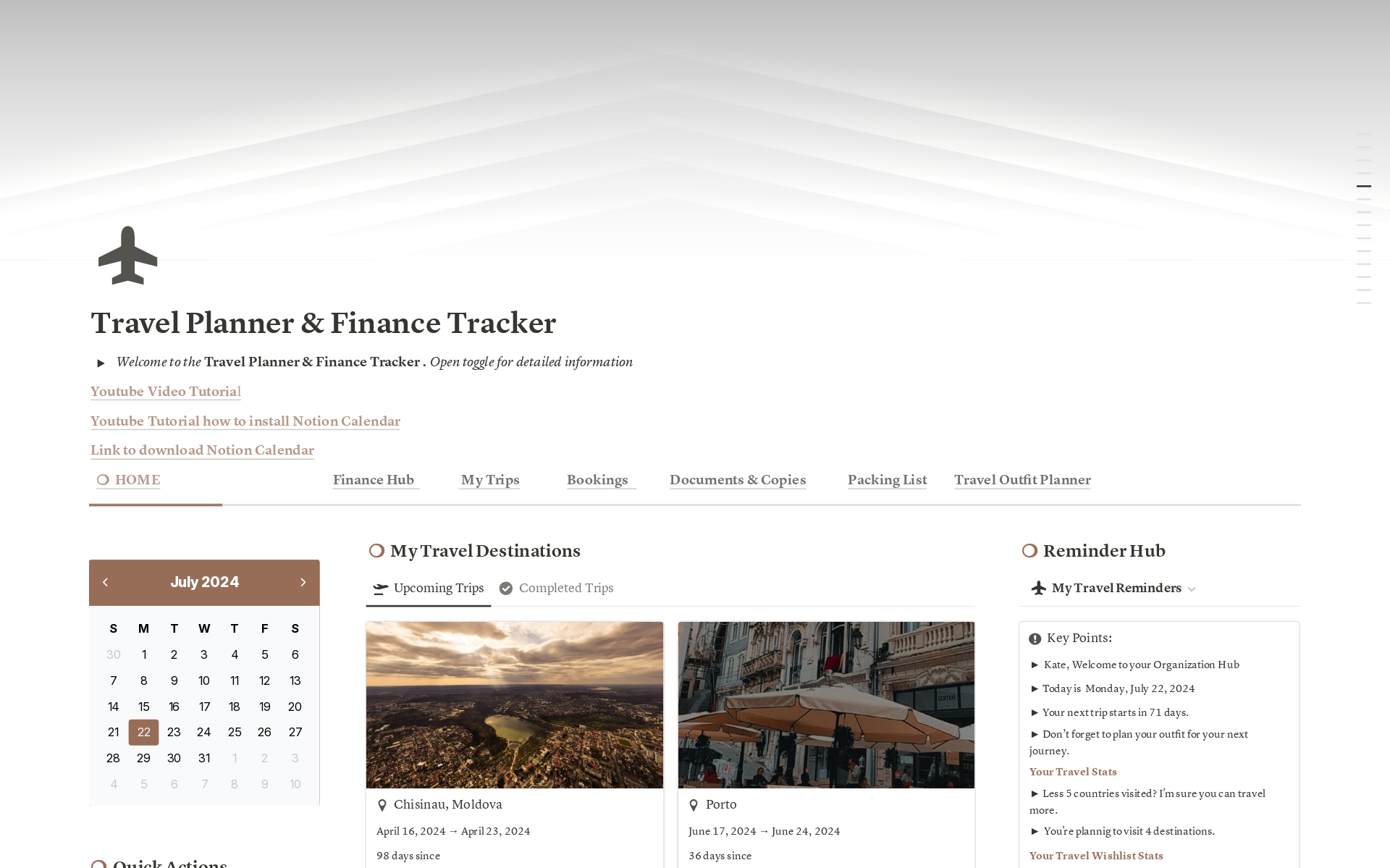 A template preview for Travel Planner & Finance Tracker 