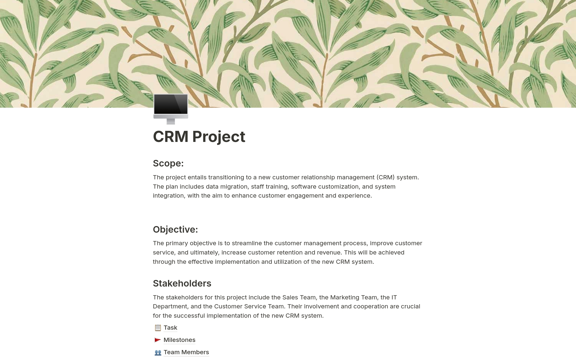 Vista previa de una plantilla para CRM Project Management