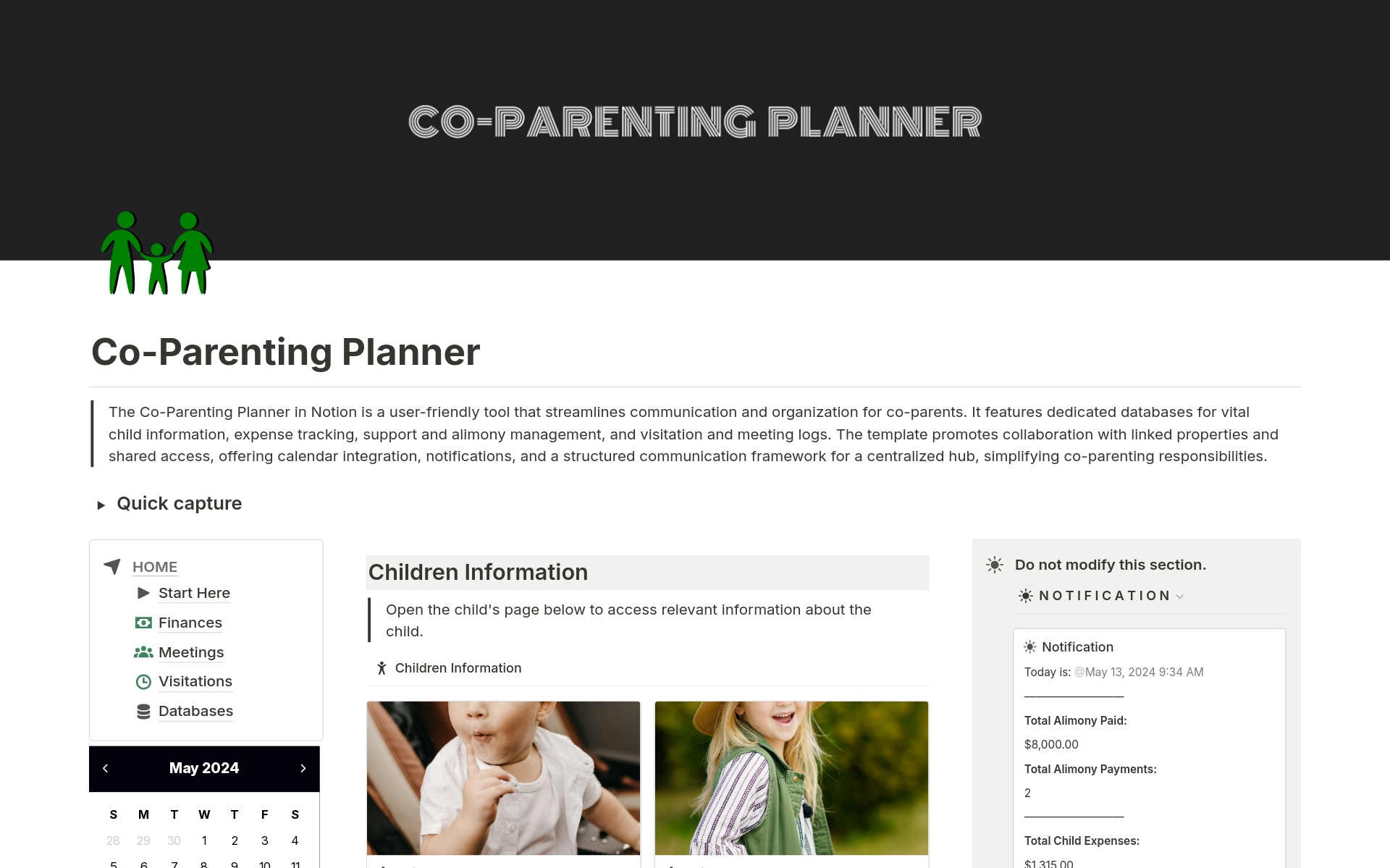En förhandsgranskning av mallen för Co-Parenting Planner | Alimony | Child Support 