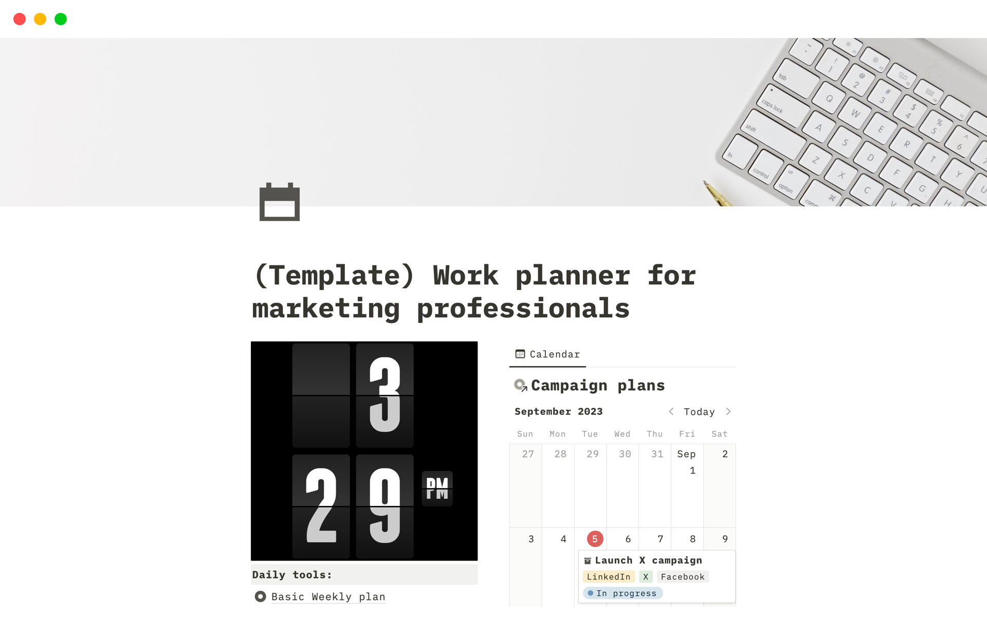A template preview for Work planner for marketing professionals