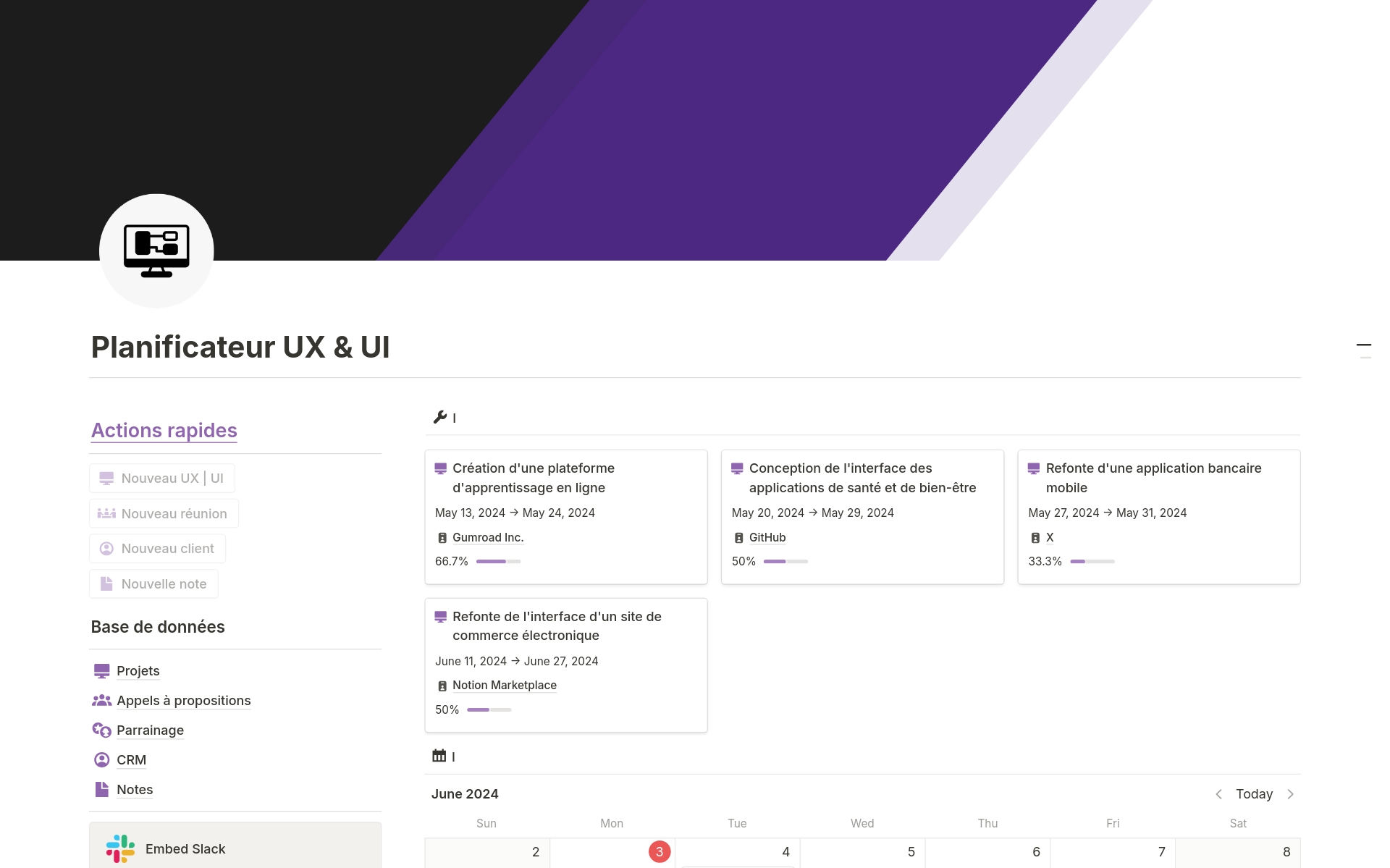 En förhandsgranskning av mallen för Planificateur UX & UI