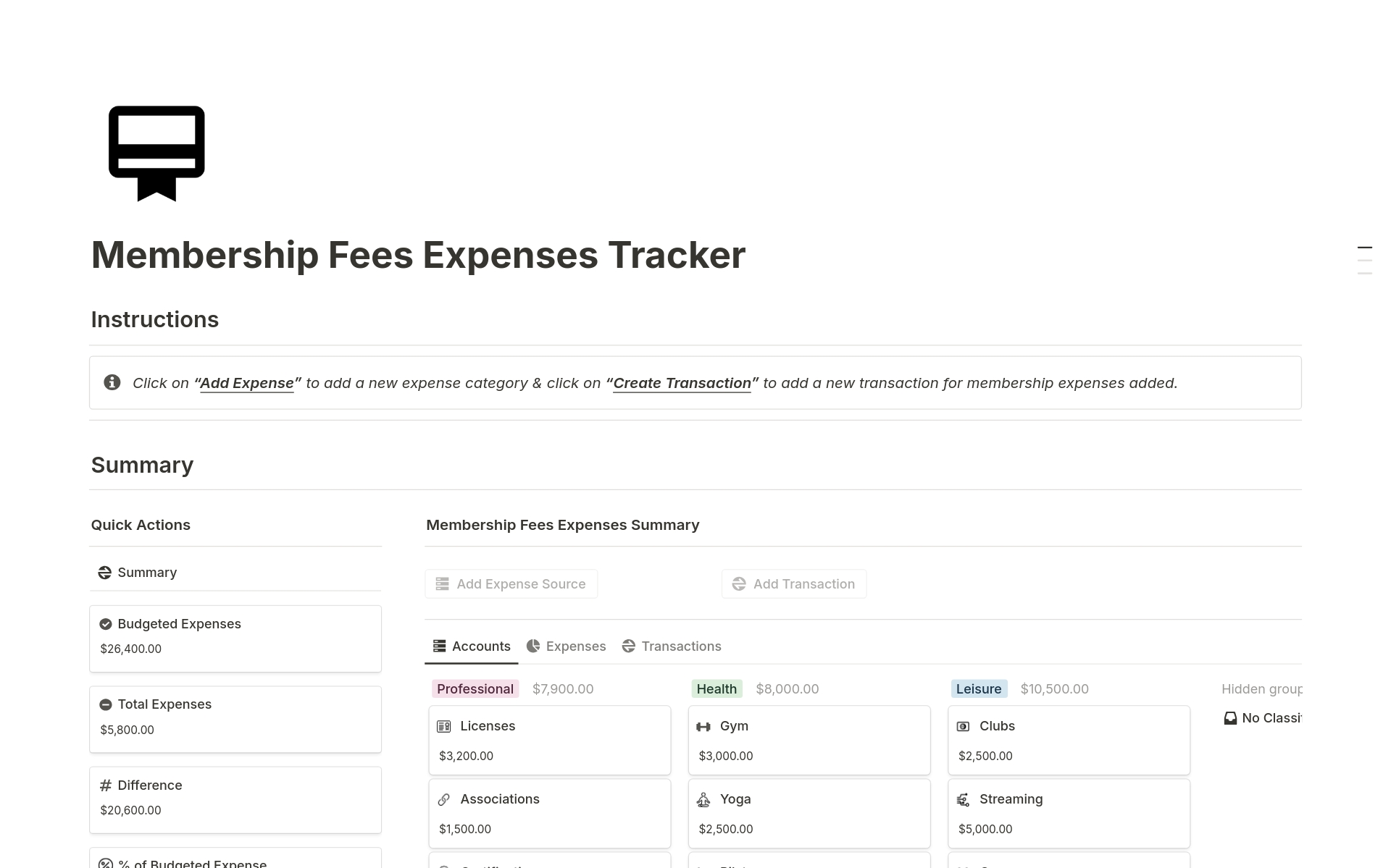 A template preview for Membership Expense Tracker