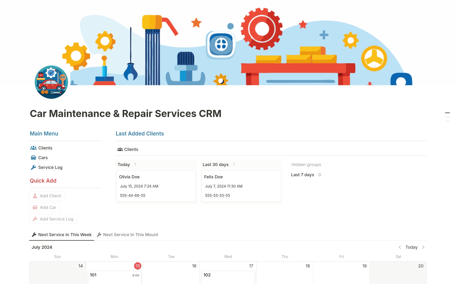 Car Maintenance Repair Notion Template | Track Services, Costs, Parts & Customer Info | Easy CRM Integration for Mechanics