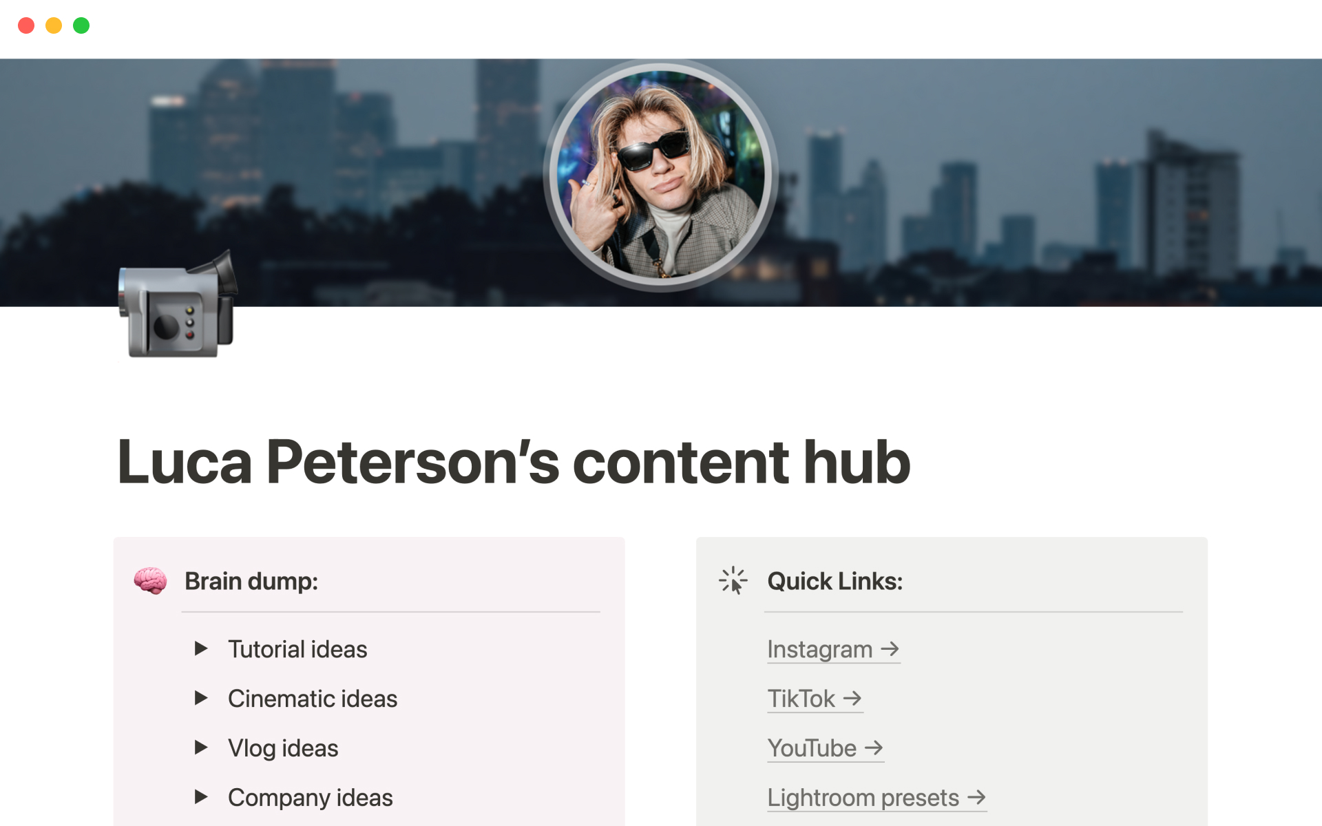 Luca Peterson’s content hubのテンプレートのプレビュー