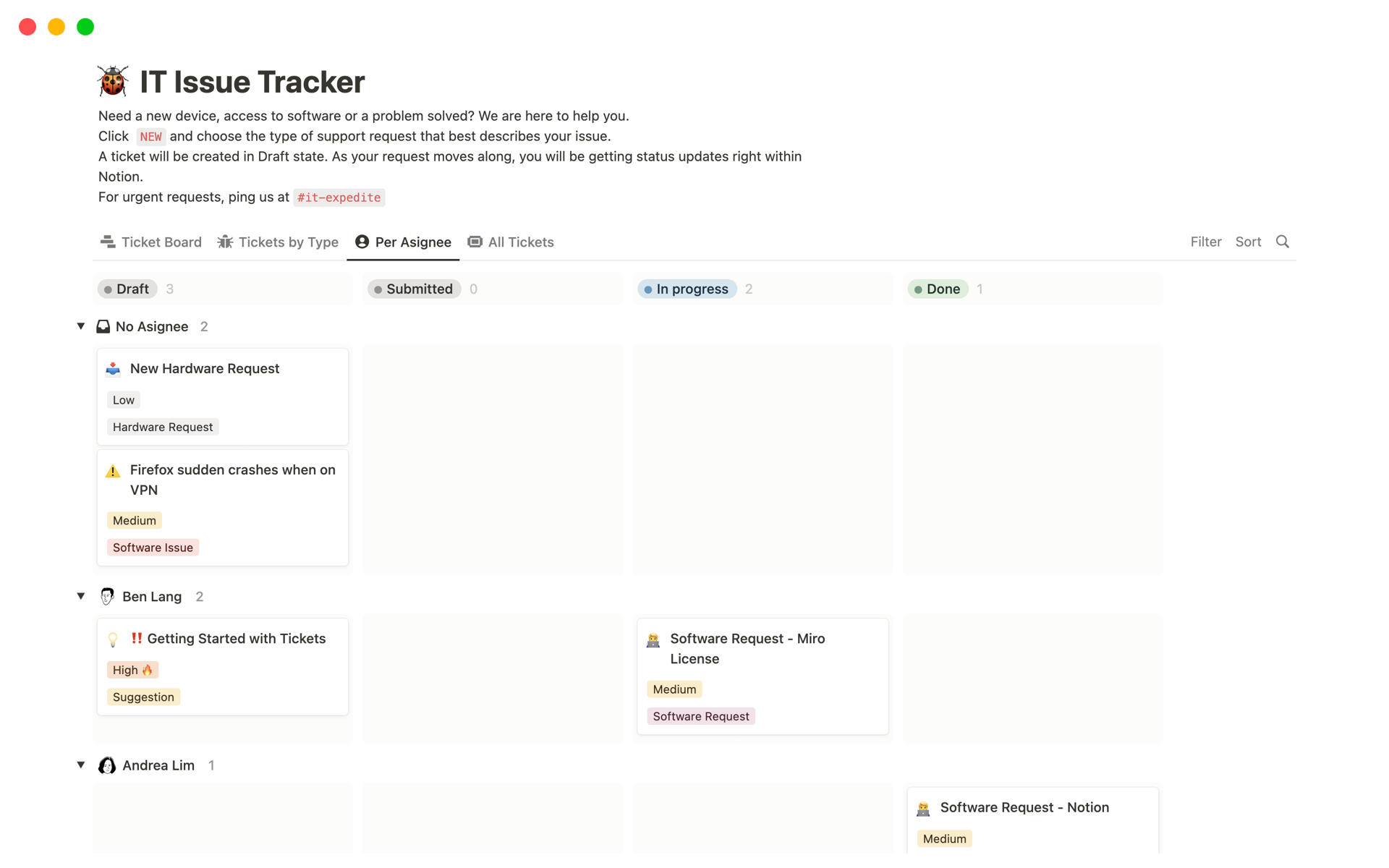 Vista previa de una plantilla para IT Issue Tracker