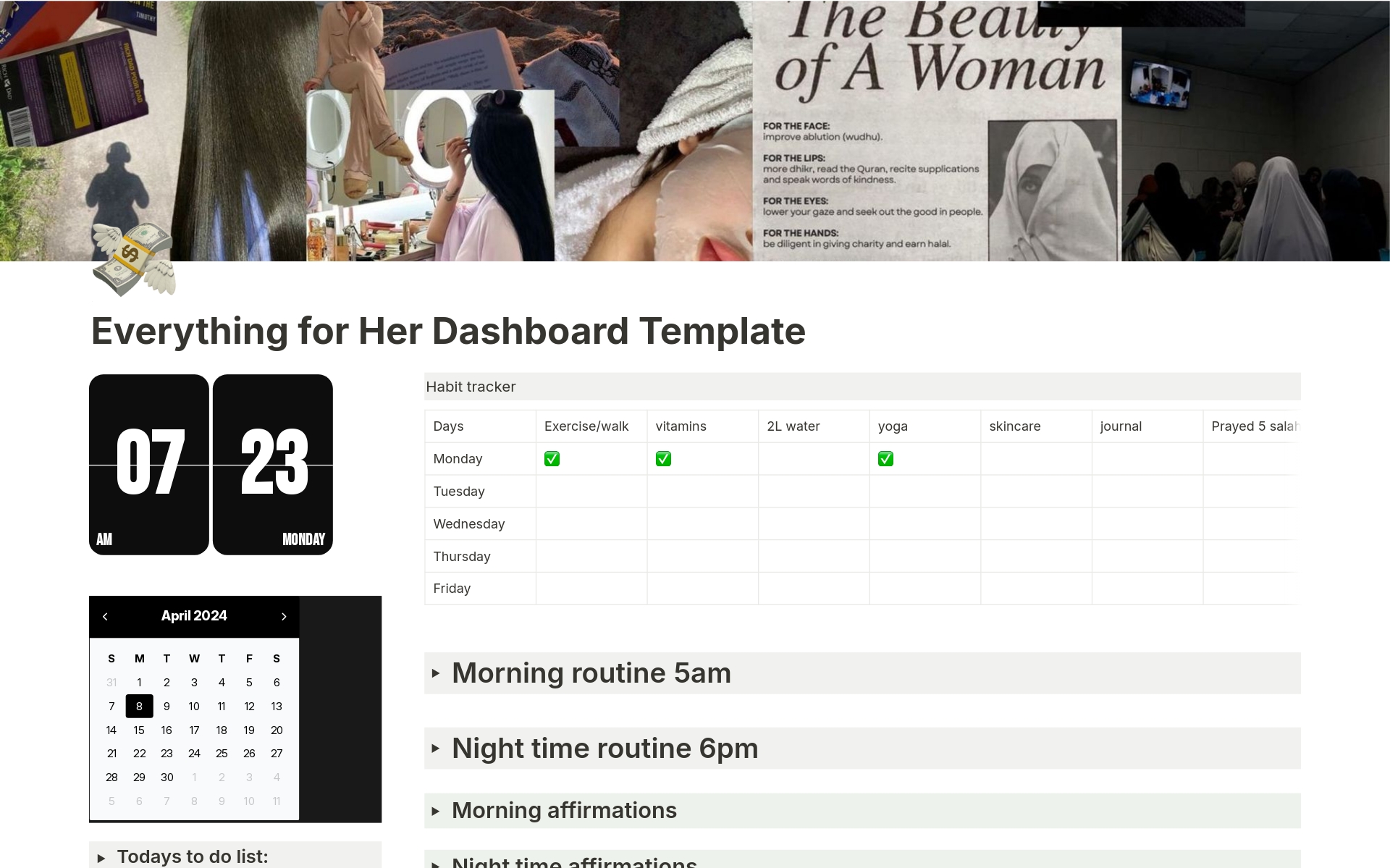 This Template is perfect for muslim girls, it covers everything from school to personal goals, to building and keeping track of your business. use this template to completely organise your life and improvement yourself for the better