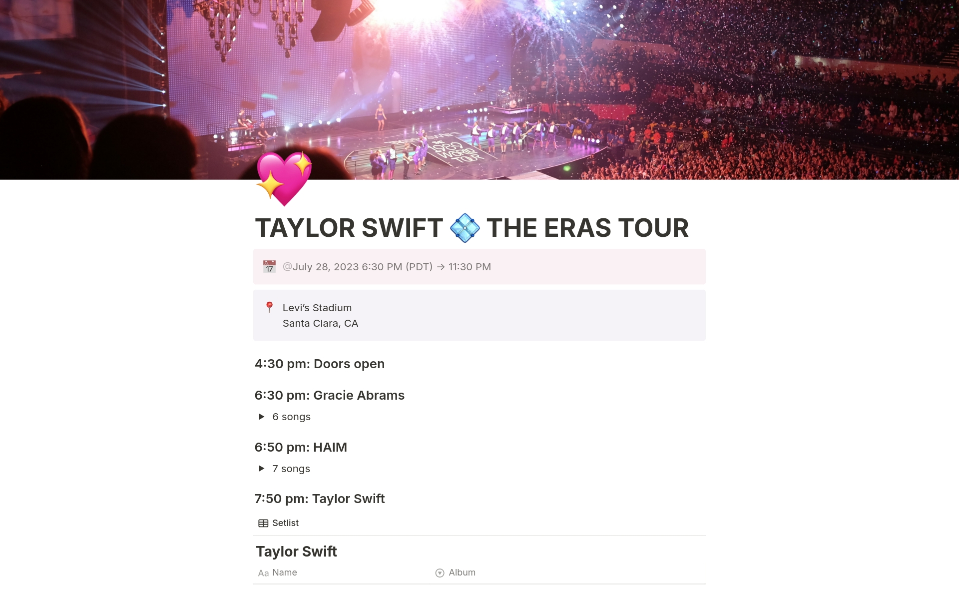 Aperçu du modèle de Taylor Swift Eras Tour 🎵 Concert Hymnal