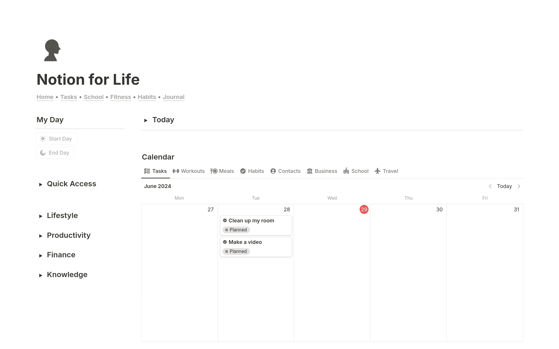 Notion for Life
Is a powerful Notion system that centralizes all your tasks, projects, notes, references, health tracking, finances, and everything in between, keeping your life organized within your favorite application. 