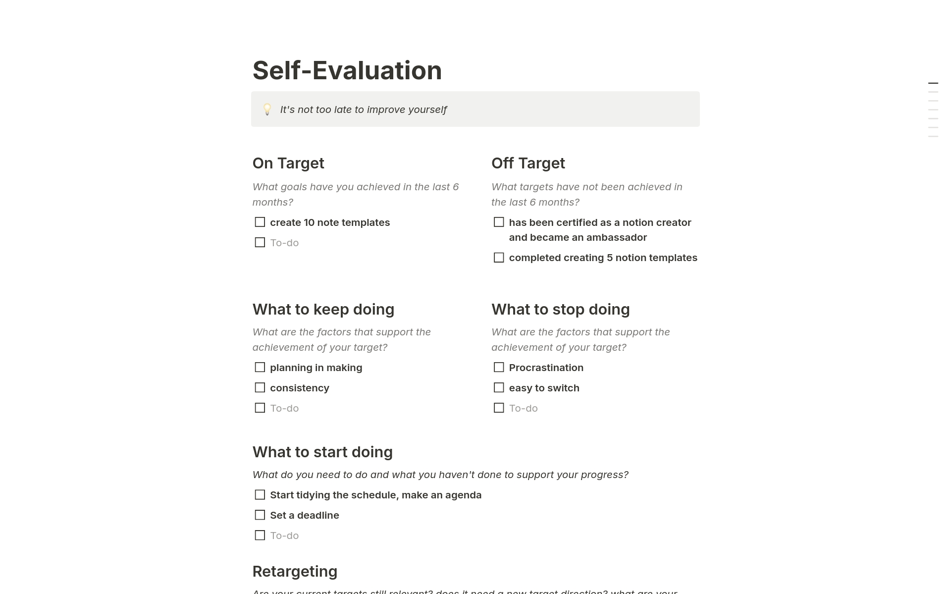 A template preview for Self-Evaluation 