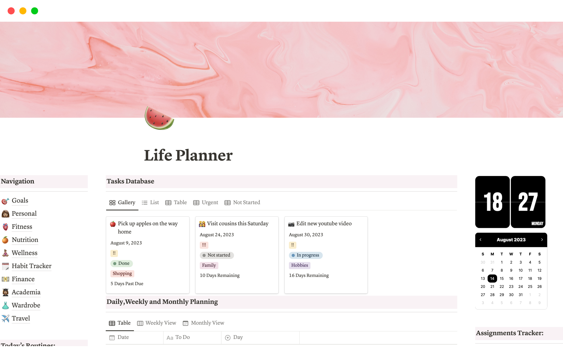 Vista previa de una plantilla para Life Planner