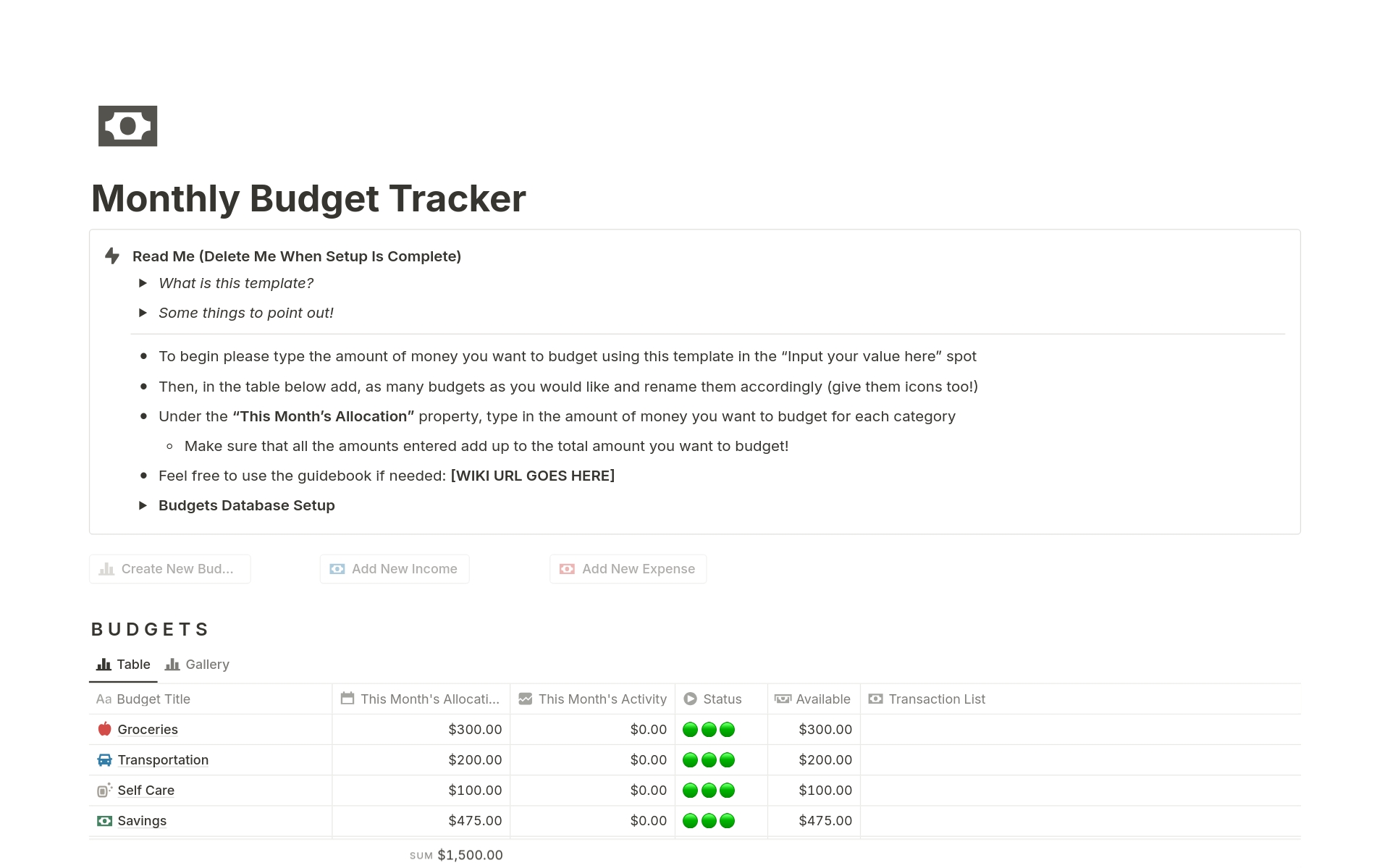 En förhandsgranskning av mallen för Monthly Budget Tracker