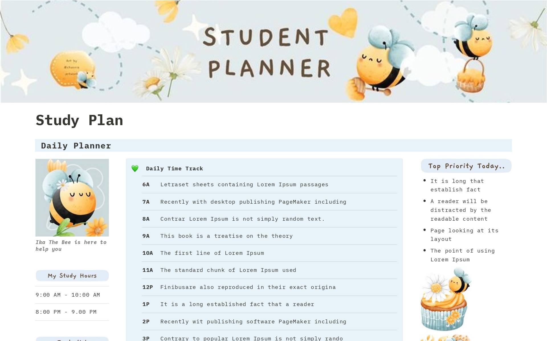 En forhåndsvisning av mal for Cute Student Planner 