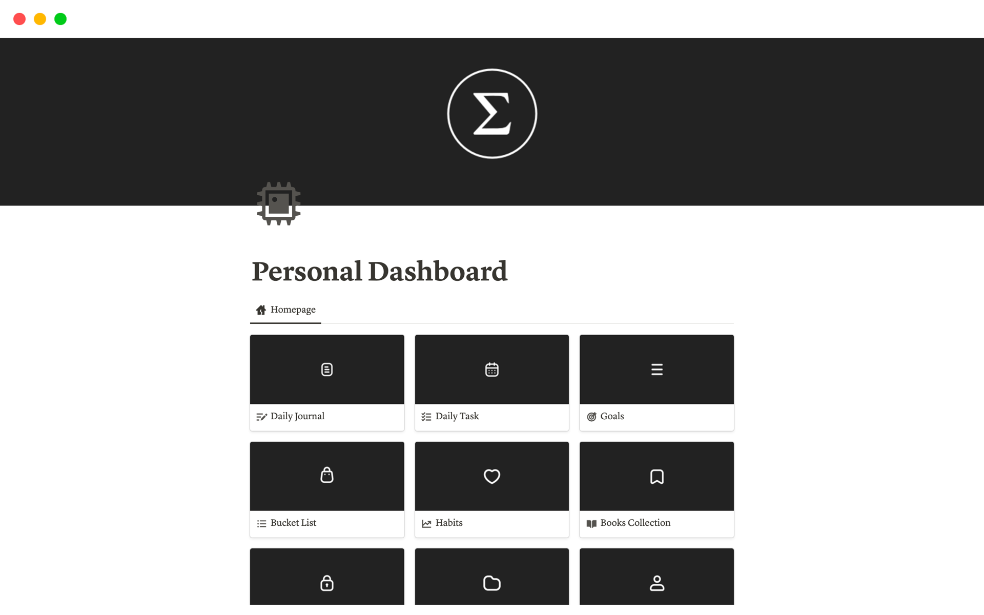 En förhandsgranskning av mallen för Notion Personal Dashboard