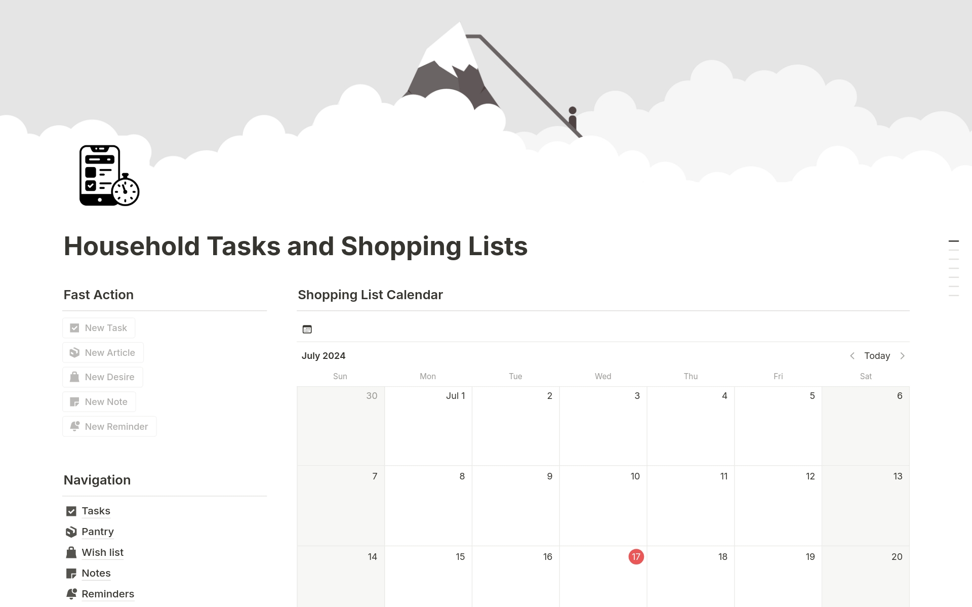A template preview for Household Tasks and Shopping Lists