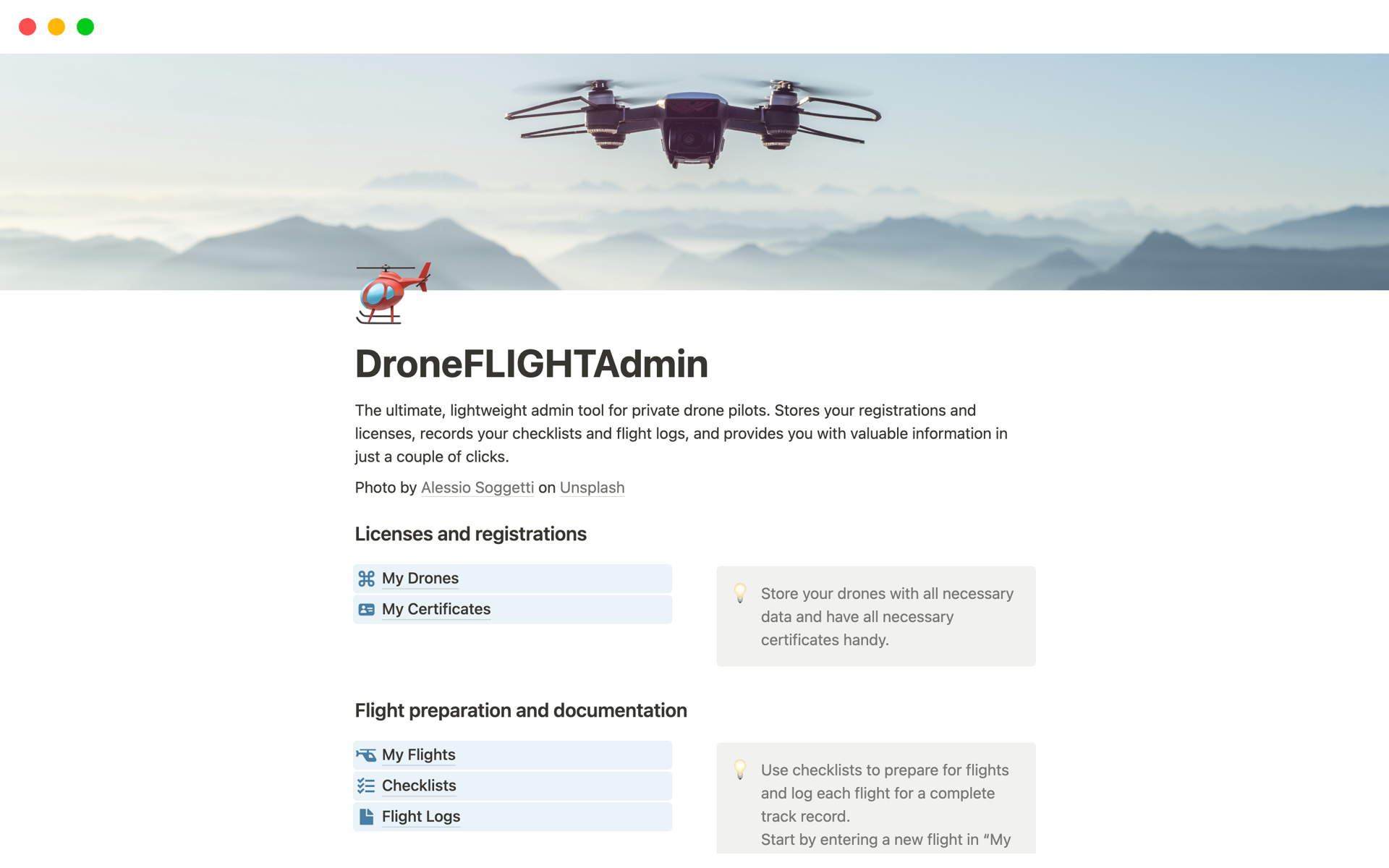 En förhandsgranskning av mallen för DroneFLIGHTAdmin