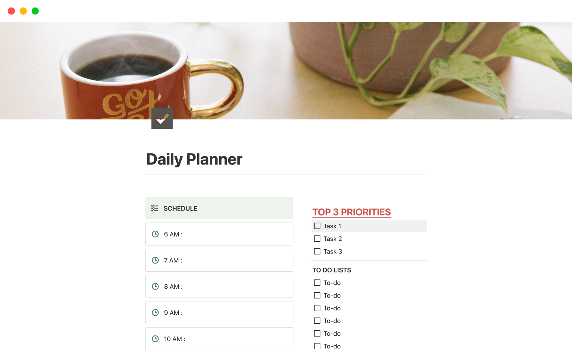 En förhandsgranskning av mallen för Notion Daily Planner