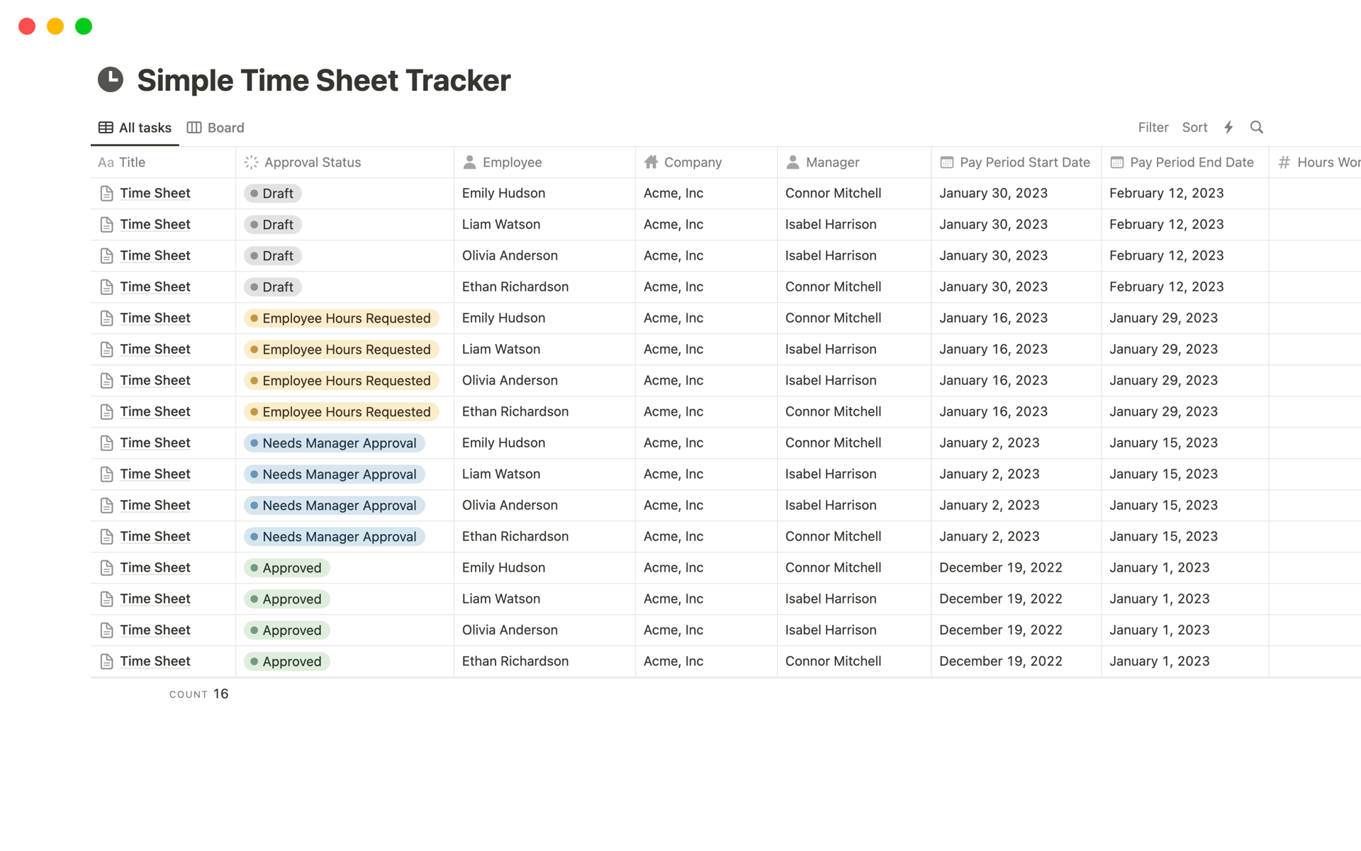 Vista previa de una plantilla para Simple Time Sheet Tracker