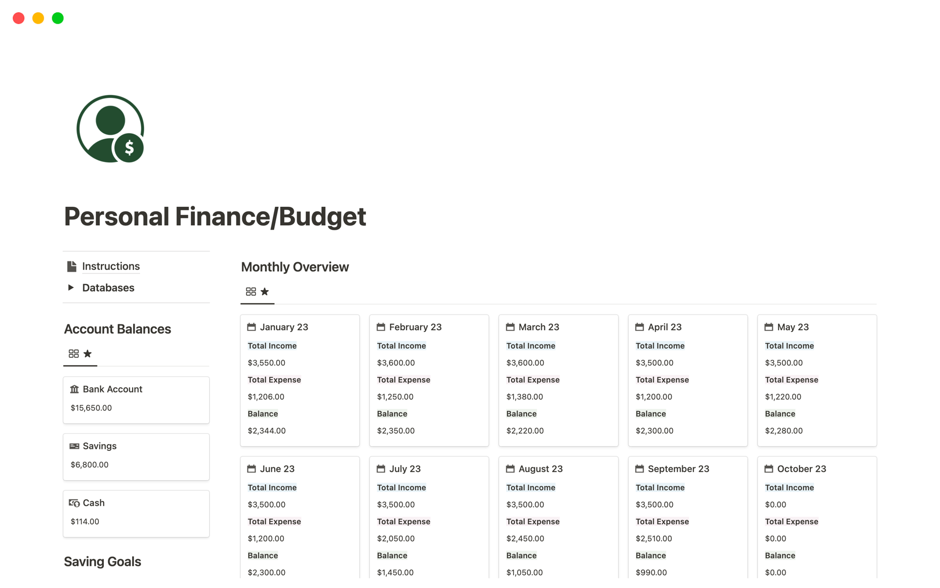 En förhandsgranskning av mallen för Personal Finance/Budget Dashboard