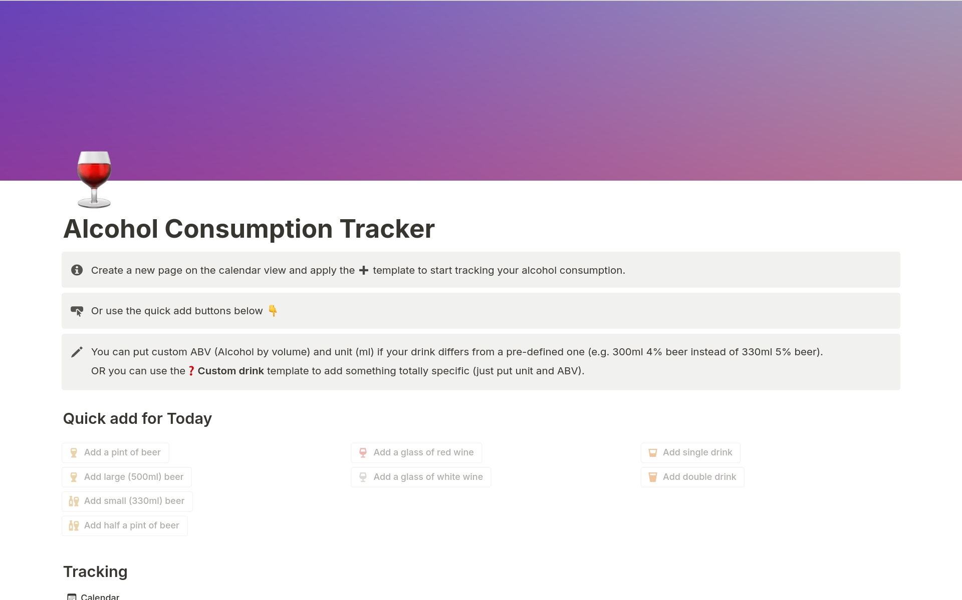 A template preview for Alcohol consumption tracking tool