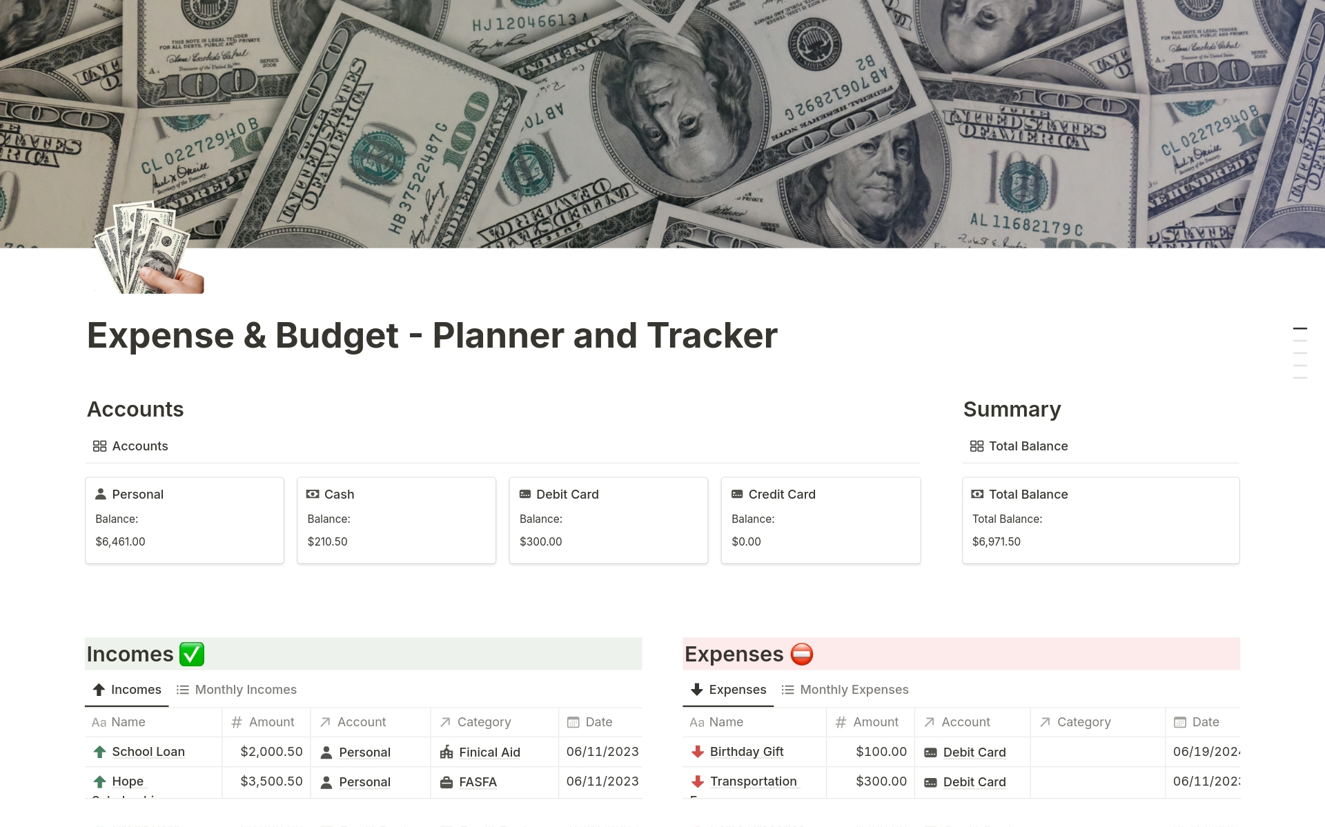 This Notion template helps students manage college finances with sections for tracking income, logging expenses, setting budgets, and monitoring savings, along with visual summaries for informed financial decisions.





