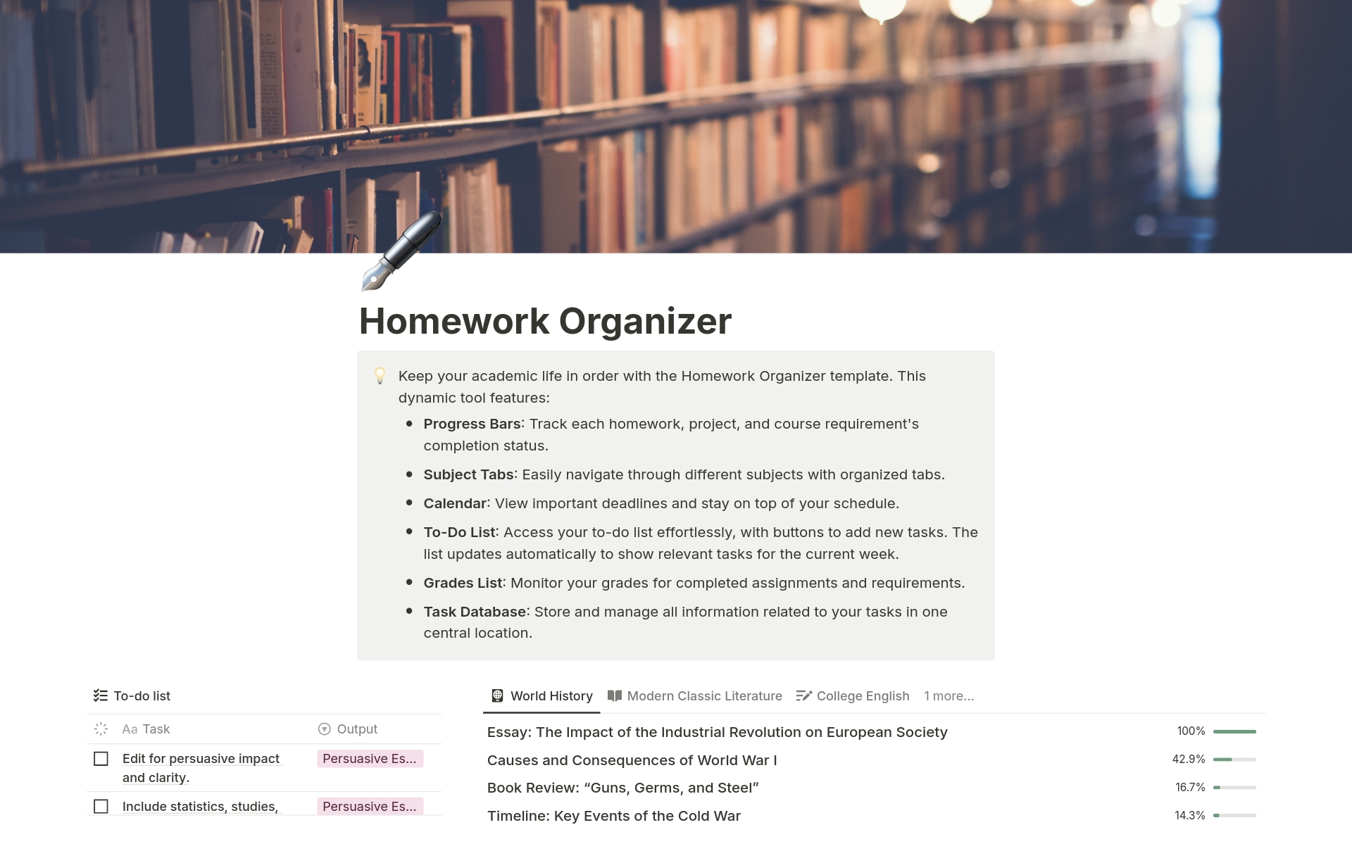 En förhandsgranskning av mallen för Homework Organizer
