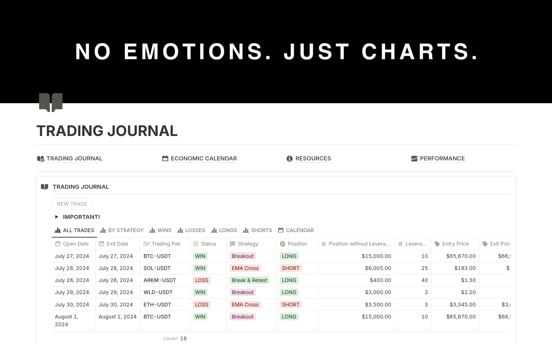 Vista previa de una plantilla para Trading Journal