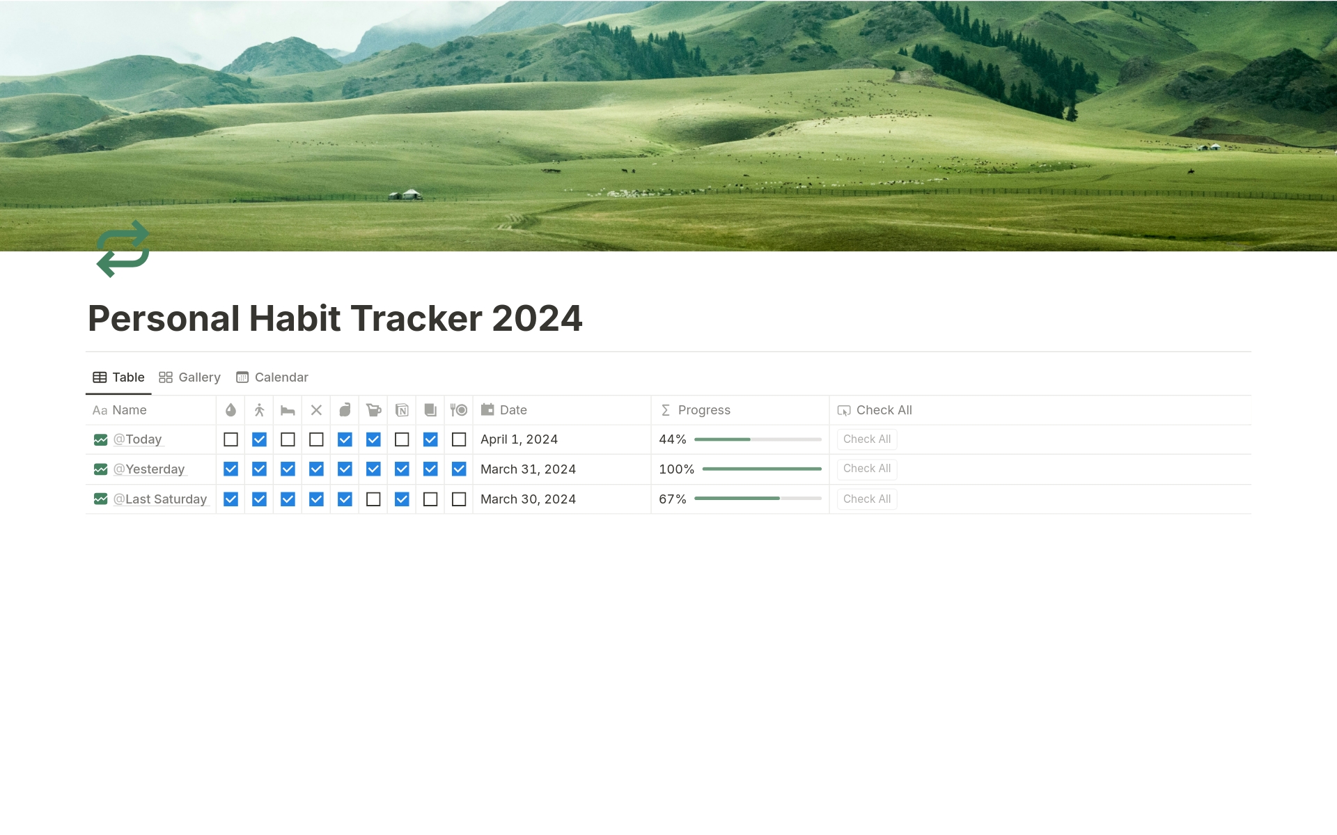 En forhåndsvisning av mal for Personal Habit Tracker 2024