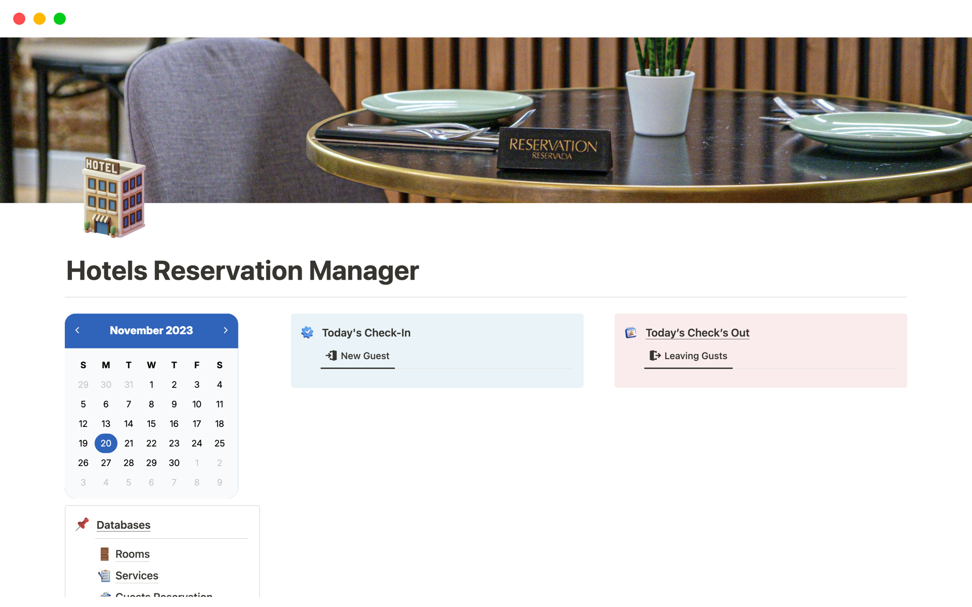 En forhåndsvisning av mal for Hotels Reservation Manager